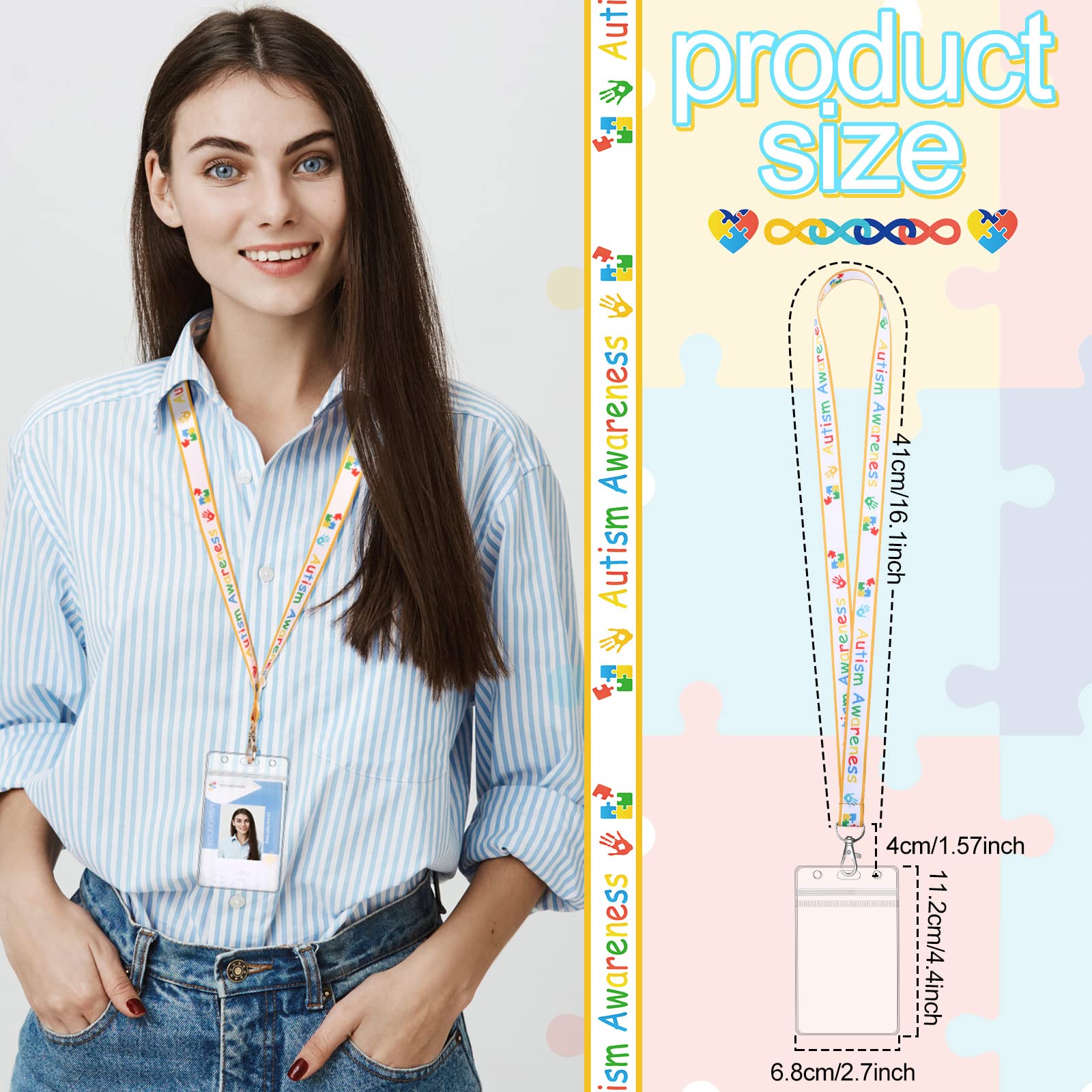Autism Awareness Lanyard Set - 4 Puzzle Piece Keychains with ID Holders for School & Work