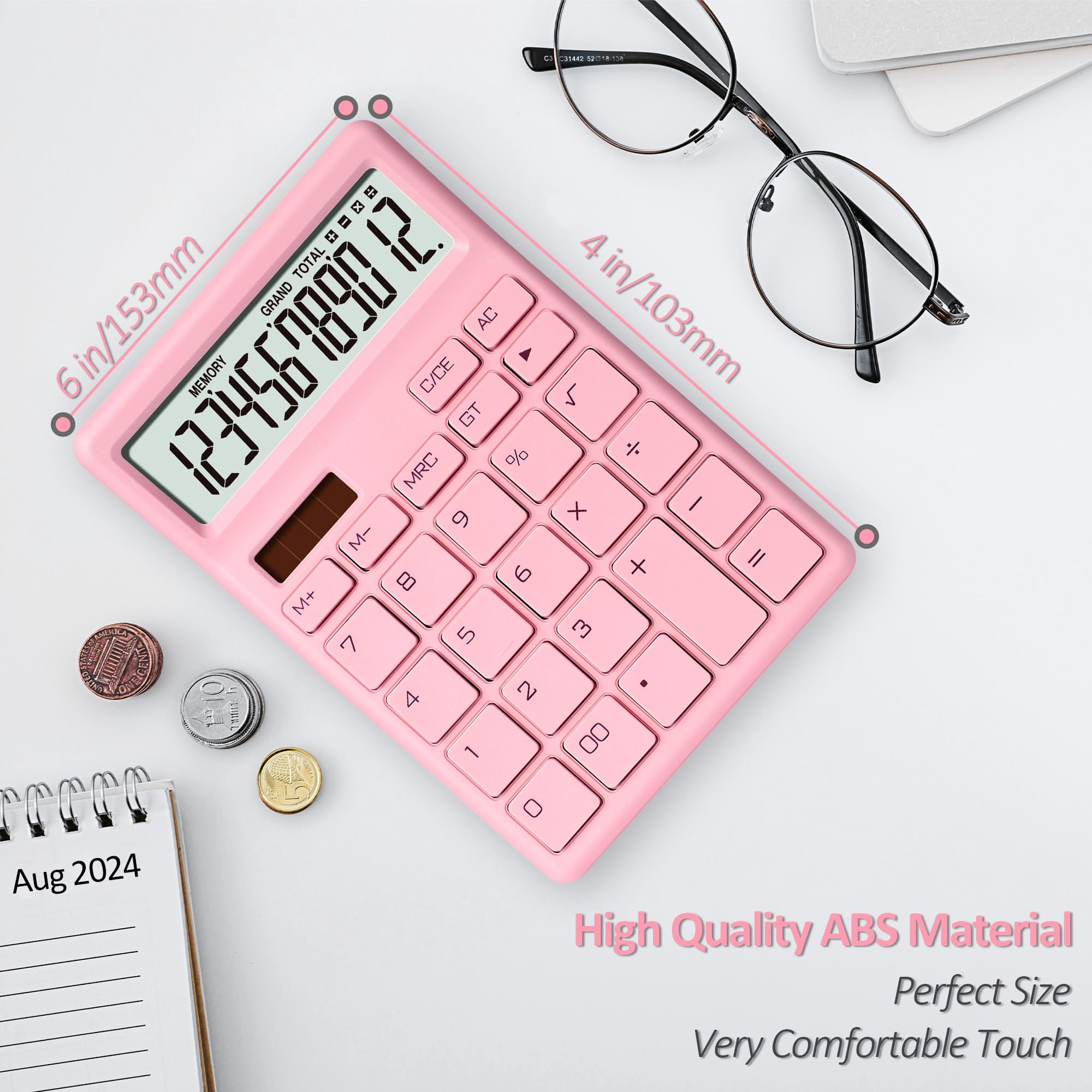 12-Digit Pink Desktop Calculator with Large LCD Display - Dual Power (Battery & Solar) for Home, Office, School - Auto Sleep Function - Perfect for Accounting, Budgeting & Math Calculations