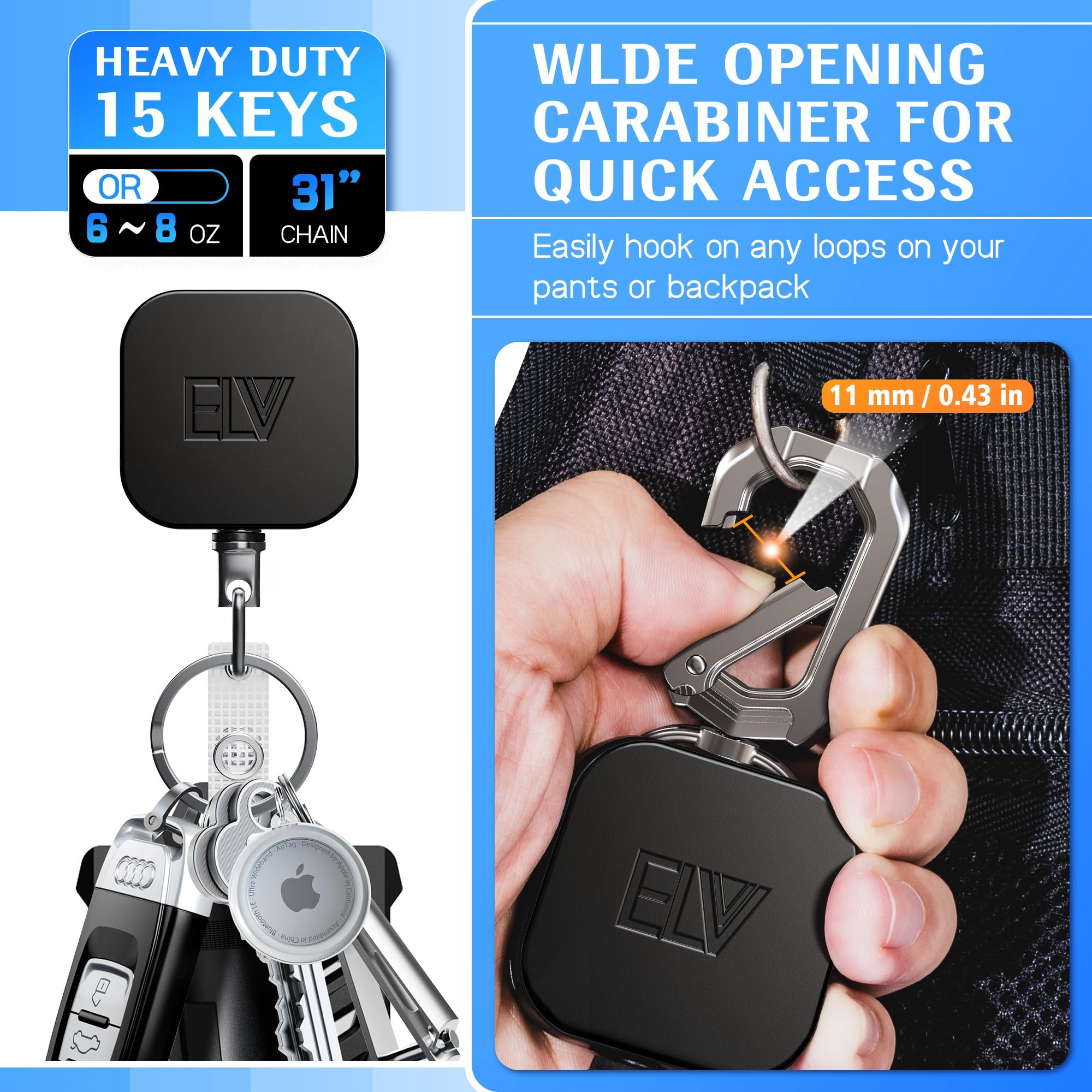ELV Retractable ID Badge Holder - Heavy Duty Metal Retractable Keychain Badge Reel with Carabiner Belt Clip - 31