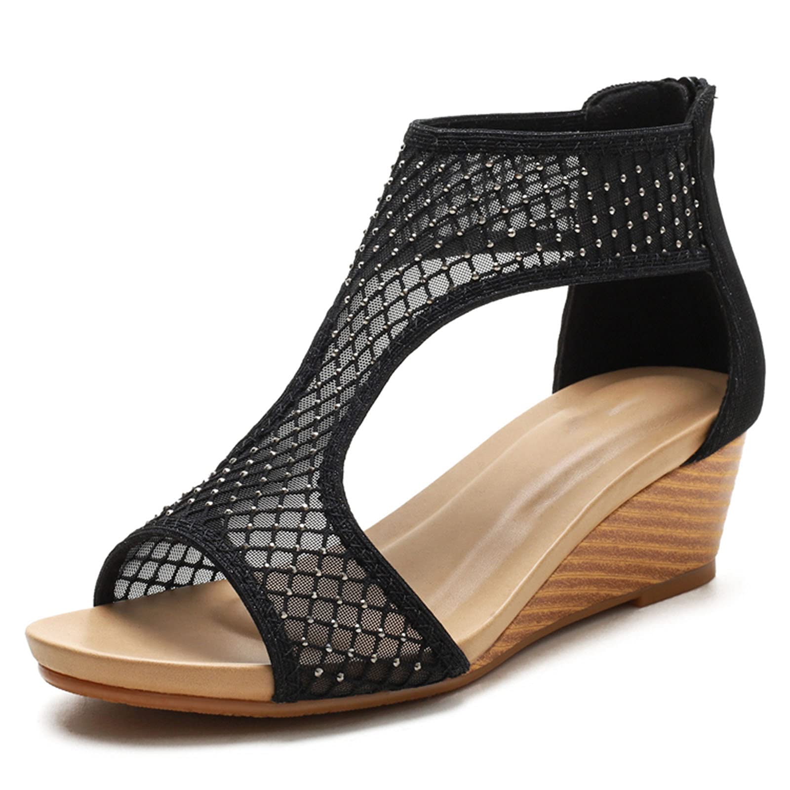 Women's Saralris Wedge Sandals - Peep Toe Cutout Design with Rhinestones, Comfortable Mid Heel for Beach, Vacation & Summer Outfits | Breathable Fashion Sandals