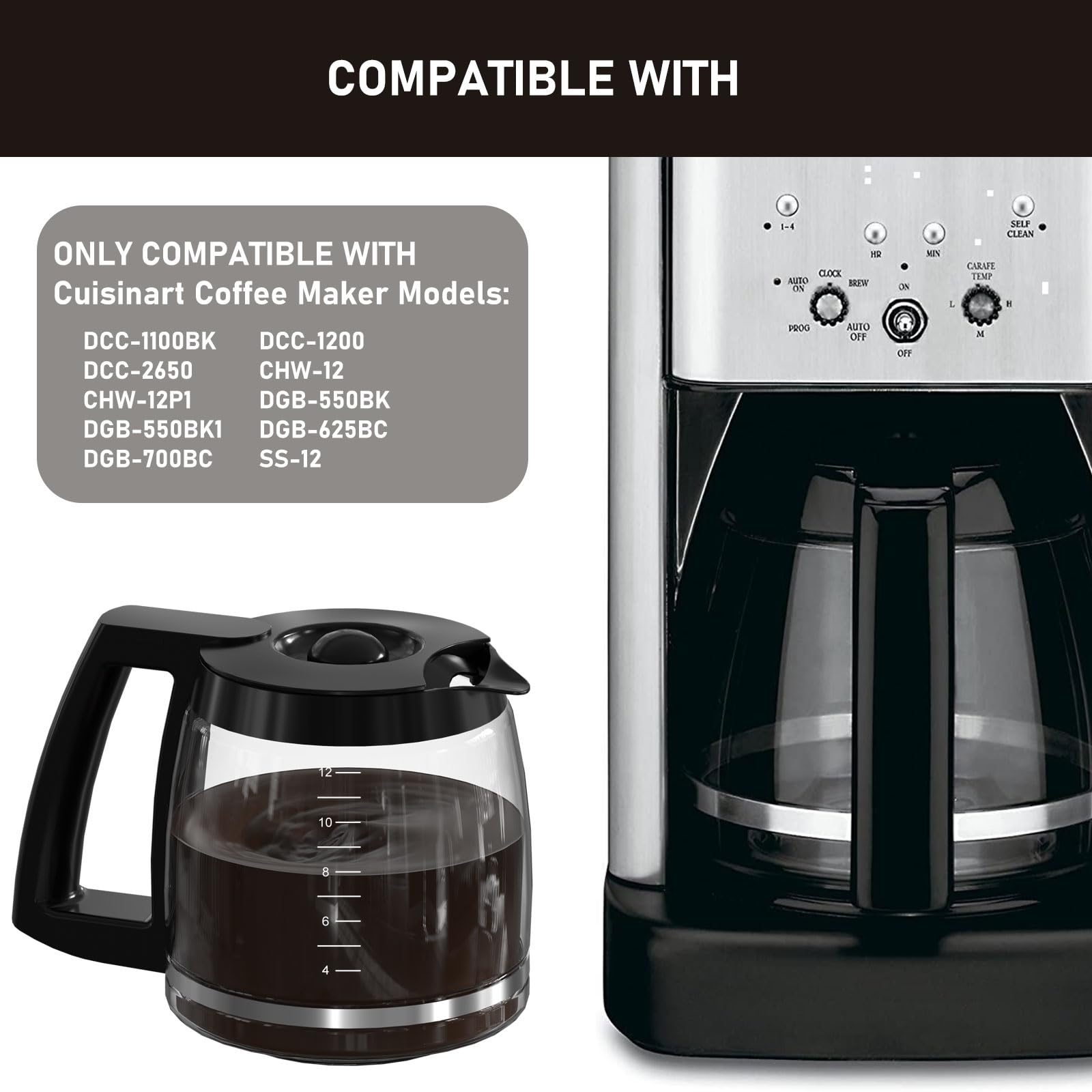 12-Cup Replacement Coffee Pot for Cuisinart Coffee Makers - Compatible with SS-12, SS-15, SS-16, DCC-1100BK, DCC-1200, DCC-2650, CHW-12P1, DGB-400, DGB-550BK, DGB-550BK1, DGB-625BC & DGB-700BC - Perfect for Home, Office or Restaurant Use