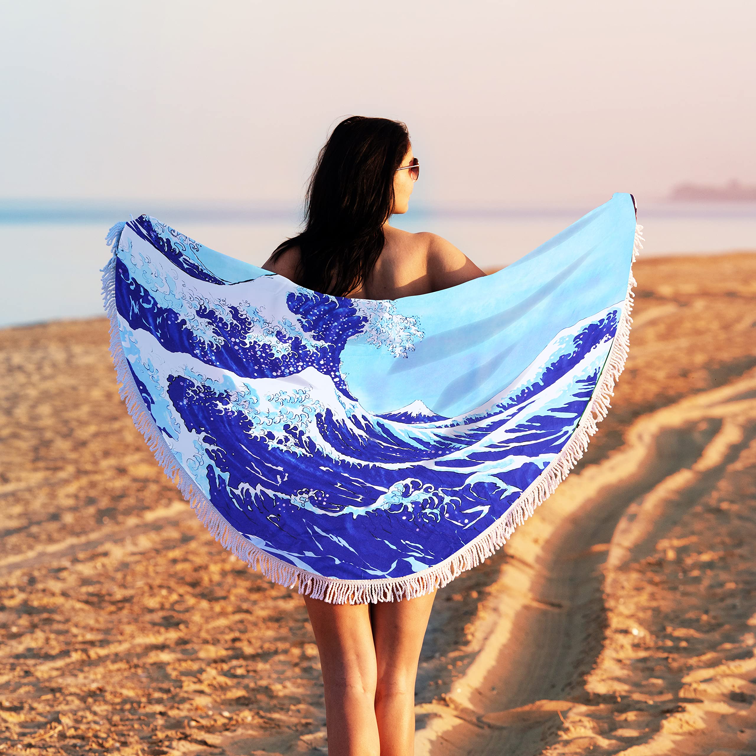 Violet Mist Blue Sea Wave Round Beach Blanket 60