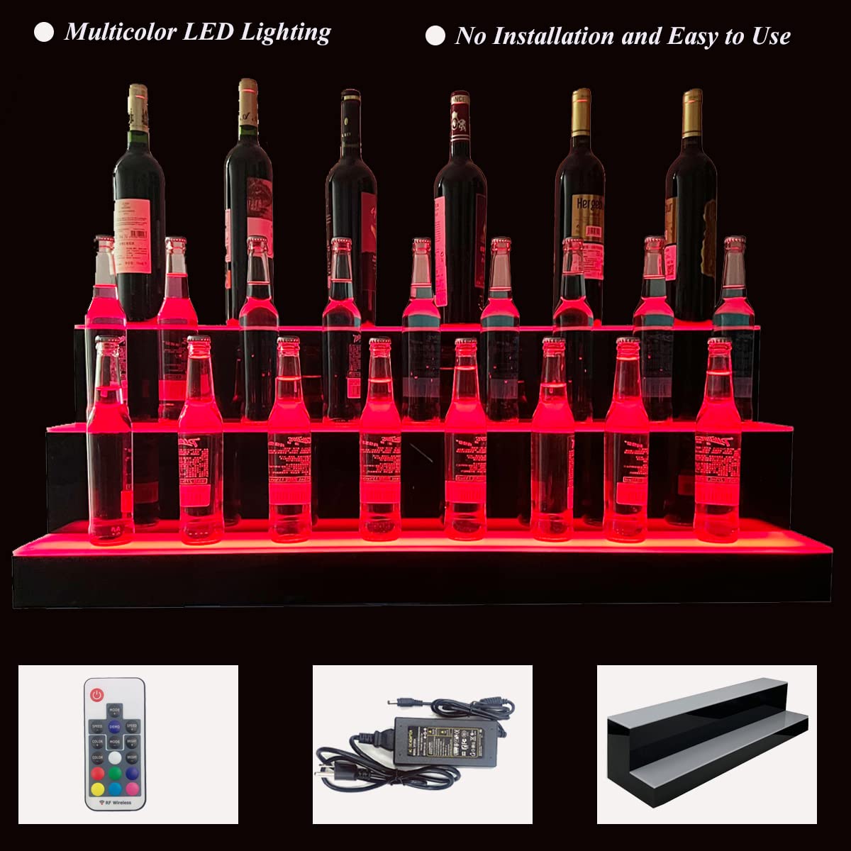 39 Inch 3-Tier LED Lighted Liquor Bottle Display Shelf - Remote Control Color Changing Bar Shelving for Home & Commercial Use | Perfect for Bars, Restaurants, and Home Entertainment Spaces