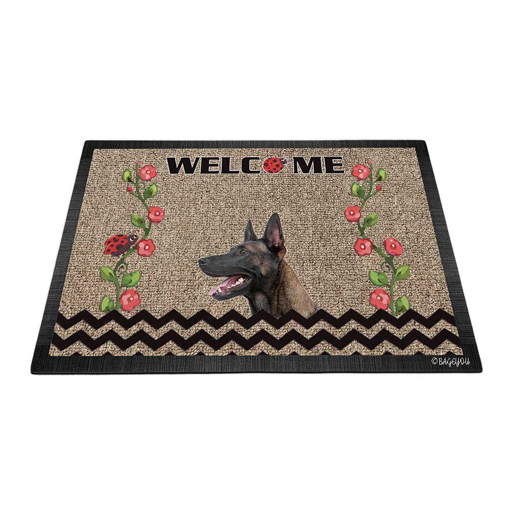 BAGEYOU Welcome Dog Doormat - Belgian Malinois Design with Rustic Ladybugs & Floral Vine Wave Stripe - 23.6