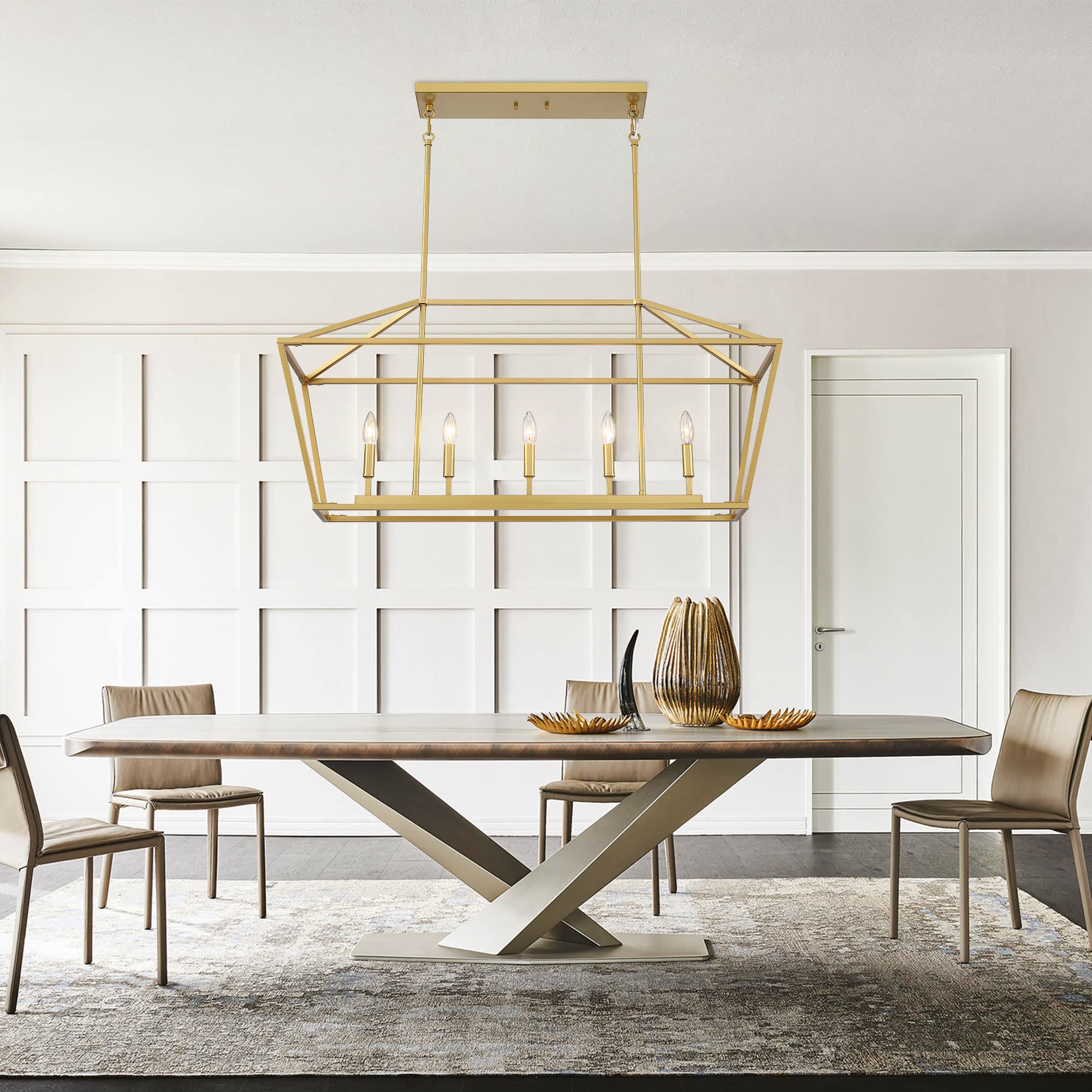Untrammelife 5-Light Gold Modern Linear Chandelier - Adjustable Kitchen Island Pendant Lighting with Rectangle Lantern Design for Dining Table & Countertop | Perfect for Farmhouse, Contemporary Kitchens & Restaurant Decor