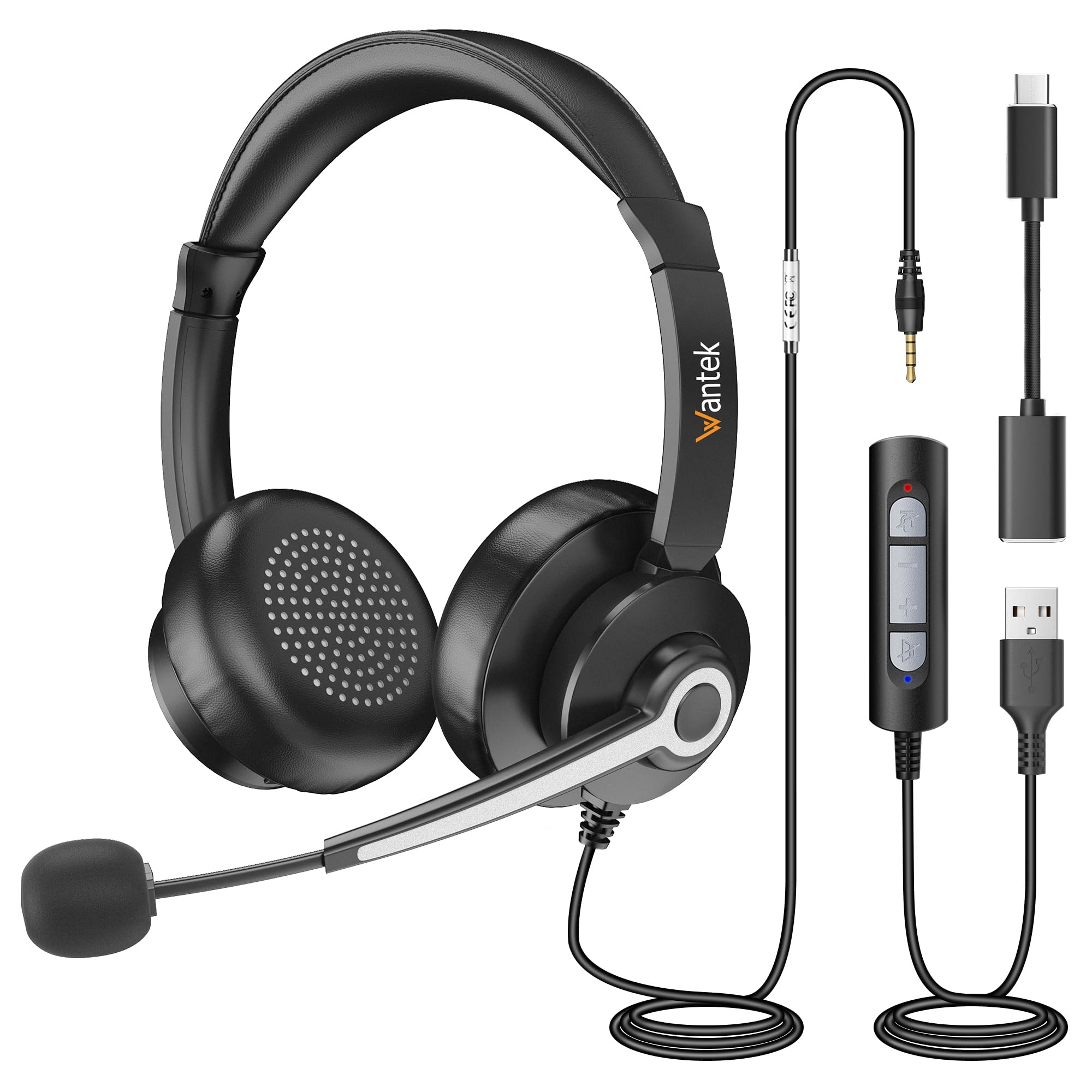 Wantek USB Headset with Microphone - Noise Cancelling Office Headphones for PC, Laptop, Teams, Zoom (3.5mm/USB/Type-C 3-in-1 Plug, 2M Wired, Binaural) - Perfect for Remote Work, Online Classes & Call Centers