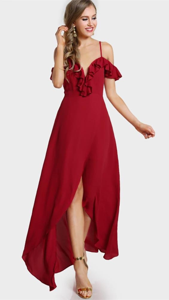 Gabriella Cold Shoulder Flutter Sleeve Wrap Maxi Dress - Women's Elegant Ruffle Plunge Evening Gown in Lipstick Red | Perfect for Weddings, Parties & Special Occasions