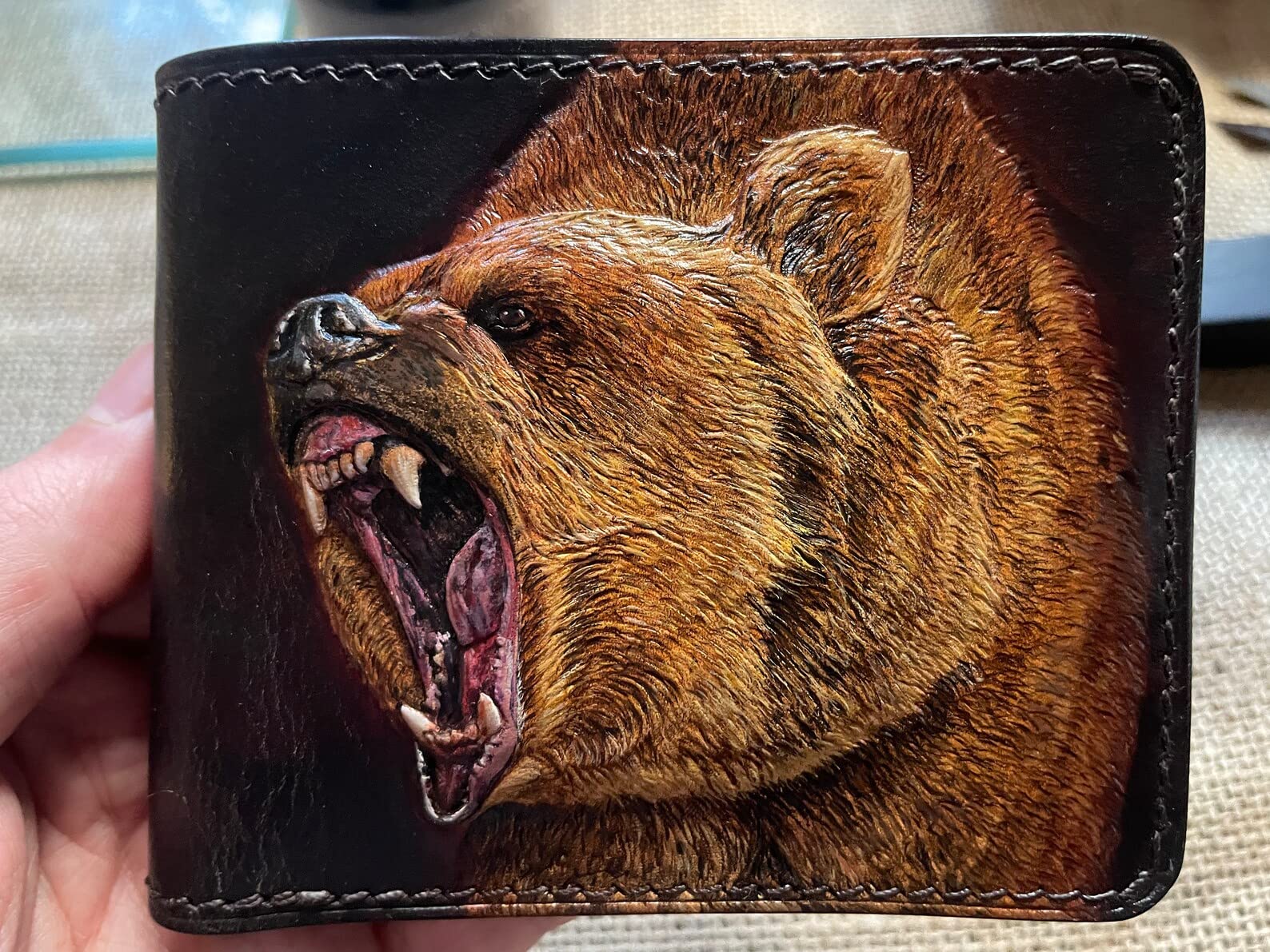 Handcrafted 3D Genuine Leather Bear & Forest Hunting Bifold Wallet - Custom Carved Airbrush Art for Men | Perfect Gift for Outdoorsmen & Nature Lovers