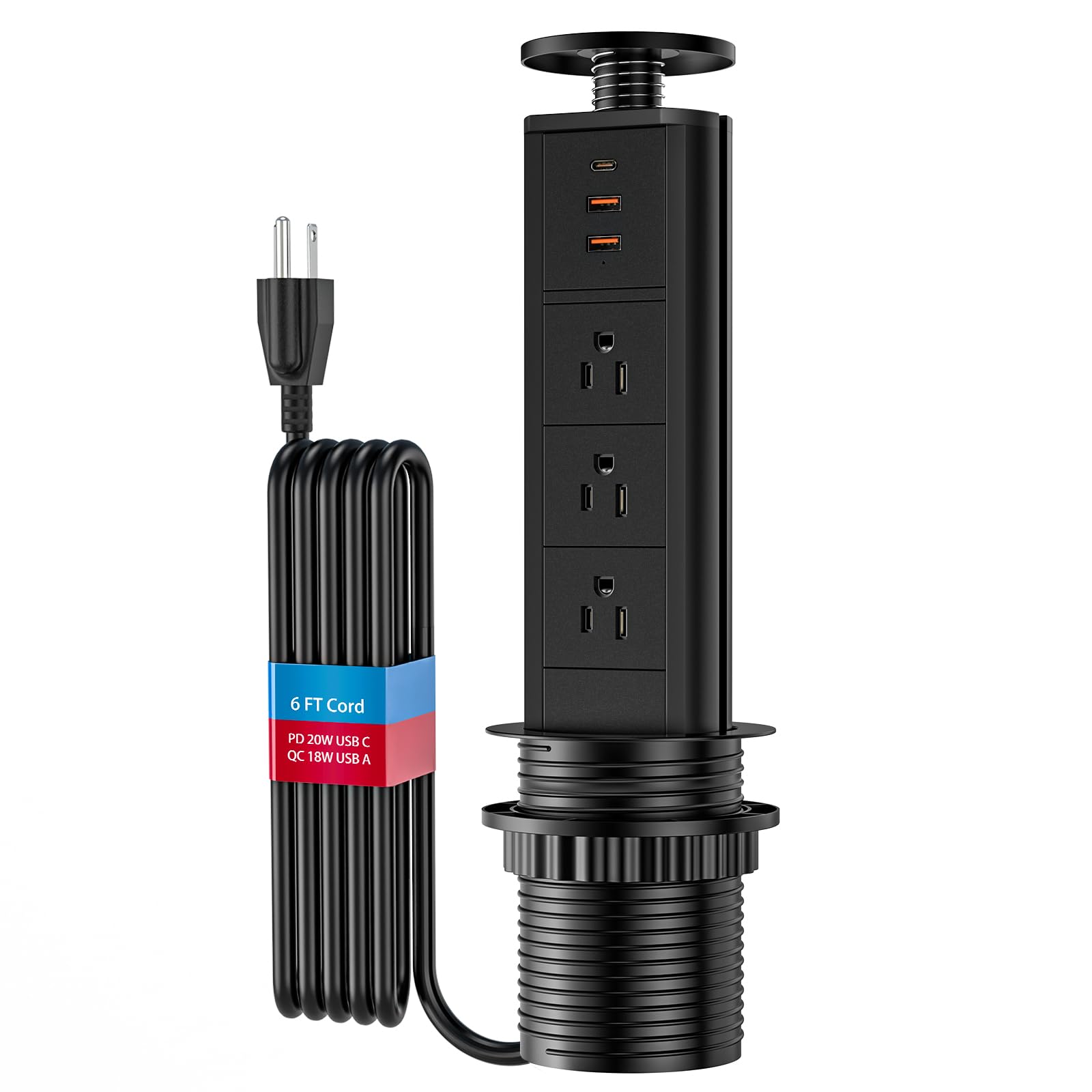 BTU Pop Up Outlet with 3 AC Outlets & 3 USB Ports (2 USB-A + 1 USB-C) - Hidden Countertop Power Outlet for Kitchen, Office & Conference Room - Space Saving Electrical Solution for Home & Workplace