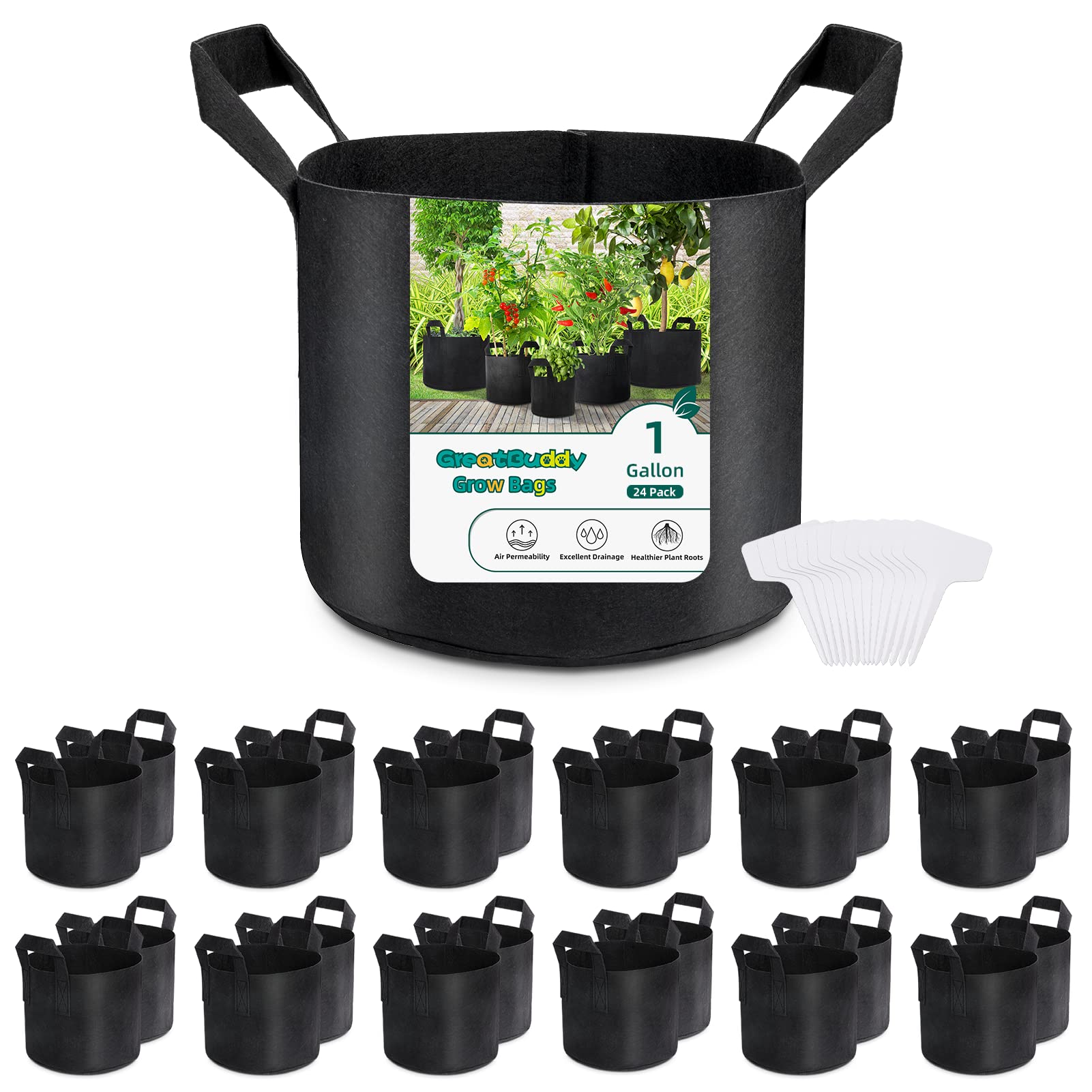 GreatBuddy 24-Pack 1 Gallon Thick Fabric Grow Bags with Sturdy Handles & Reinforced Stitching - Plant Pots for Indoor/Outdoor Gardening, Vegetables, Herbs & Flowers - Includes Free Labels (Black)