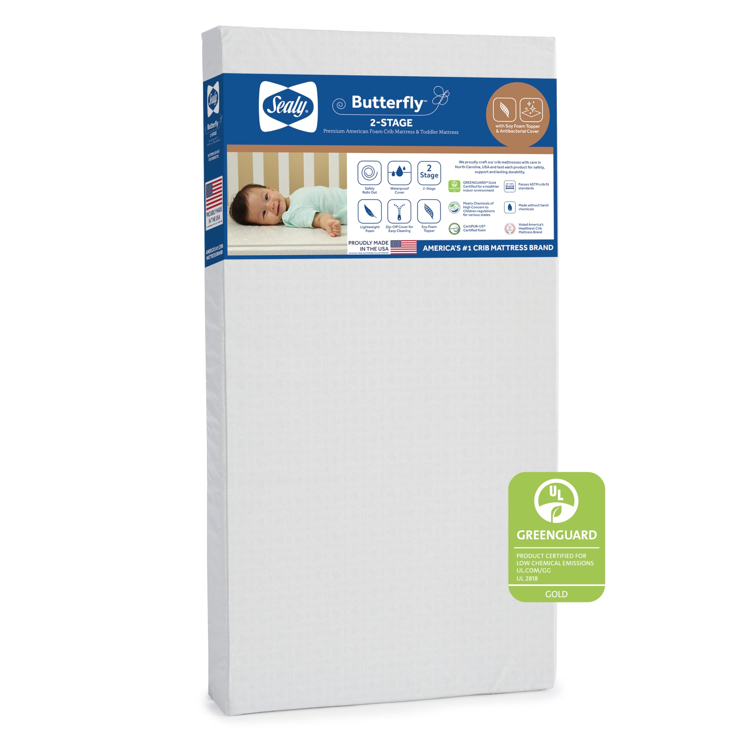 SEALY BABY Butterfly Antibacterial 2-Stage Waterproof Crib Mattress & Toddler Bed - Ultra Firm Orthopedic Foam for Infant & Baby Support - GREENGUARD Gold Certified, Safety Tested - Made in USA (52