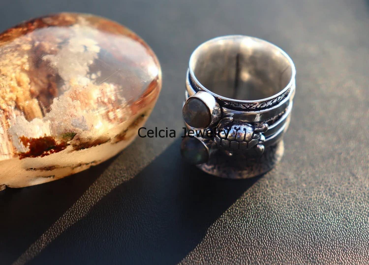 925 Sterling Silver Labradorite Turtle Spinner Ring - Adjustable Fidget Ring for Anxiety Relief, Meditation & Stress Relief - Handmade Gemstone Jewelry for Women & Men (Size 7) - Perfect for Yoga, Mindfulness & Everyday Wear