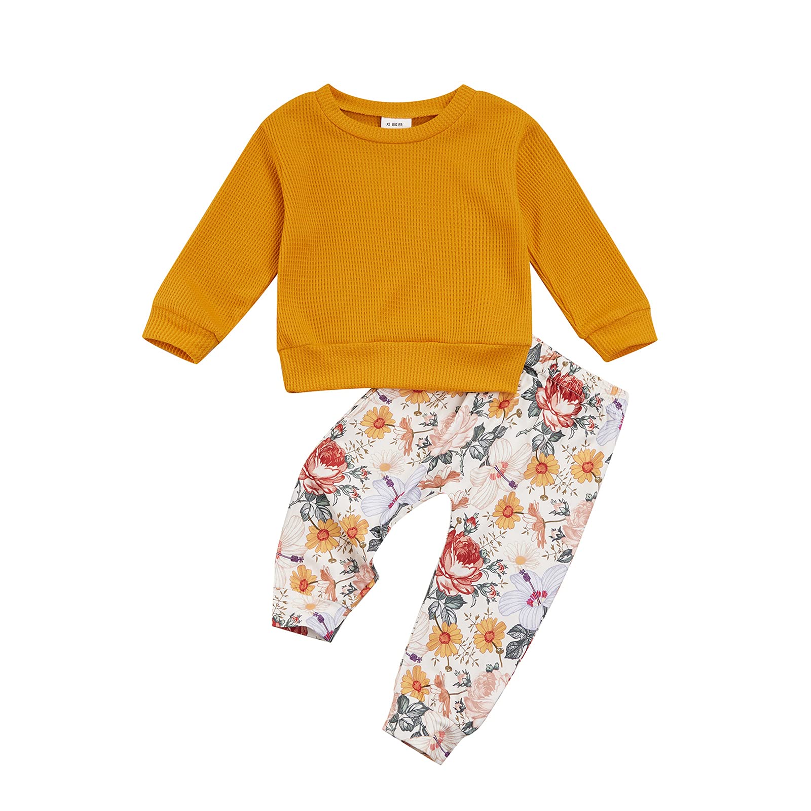 Baby Girl Waffle Knit Outfit Set - Floral Print & Solid Color Pullover Top with Long Pants | Soft & Cozy Fall Winter Clothes for Newborns & Infants | Perfect for Playdates, Family Photos & Holiday Outfits
