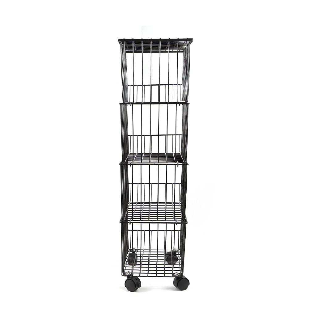 4-Tier Stackable Storage Baskets - Metal Wire Vegetable & Fruit Basket Organizer with Wheels, Detachable Kitchen Shelves for Pantry, Bathroom, or Office Organization - Space-Saving Brown Storage Cart for Home & Commercial Use