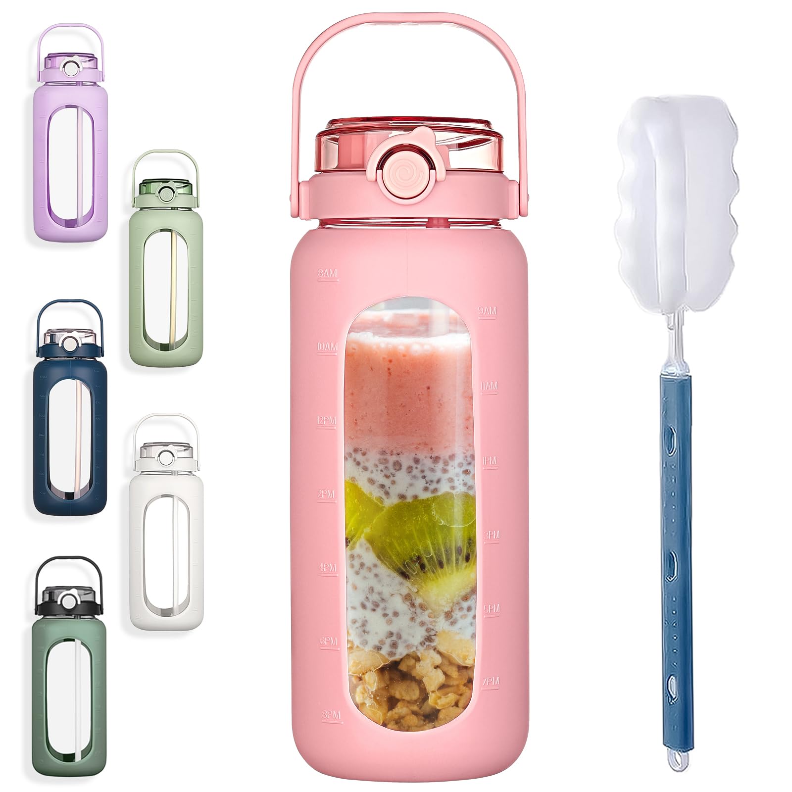 BLUEGO 56oz Glass Water Bottle with Straw & Time Marker - Half Gallon Motivational Water Bottle with Silicone Sleeve - 2L Large Glass Jug for Gym, Sports, Workout & Daily Use - Perfect for Hydration Tracking at Office, Yoga, Hiking & Home - Pink