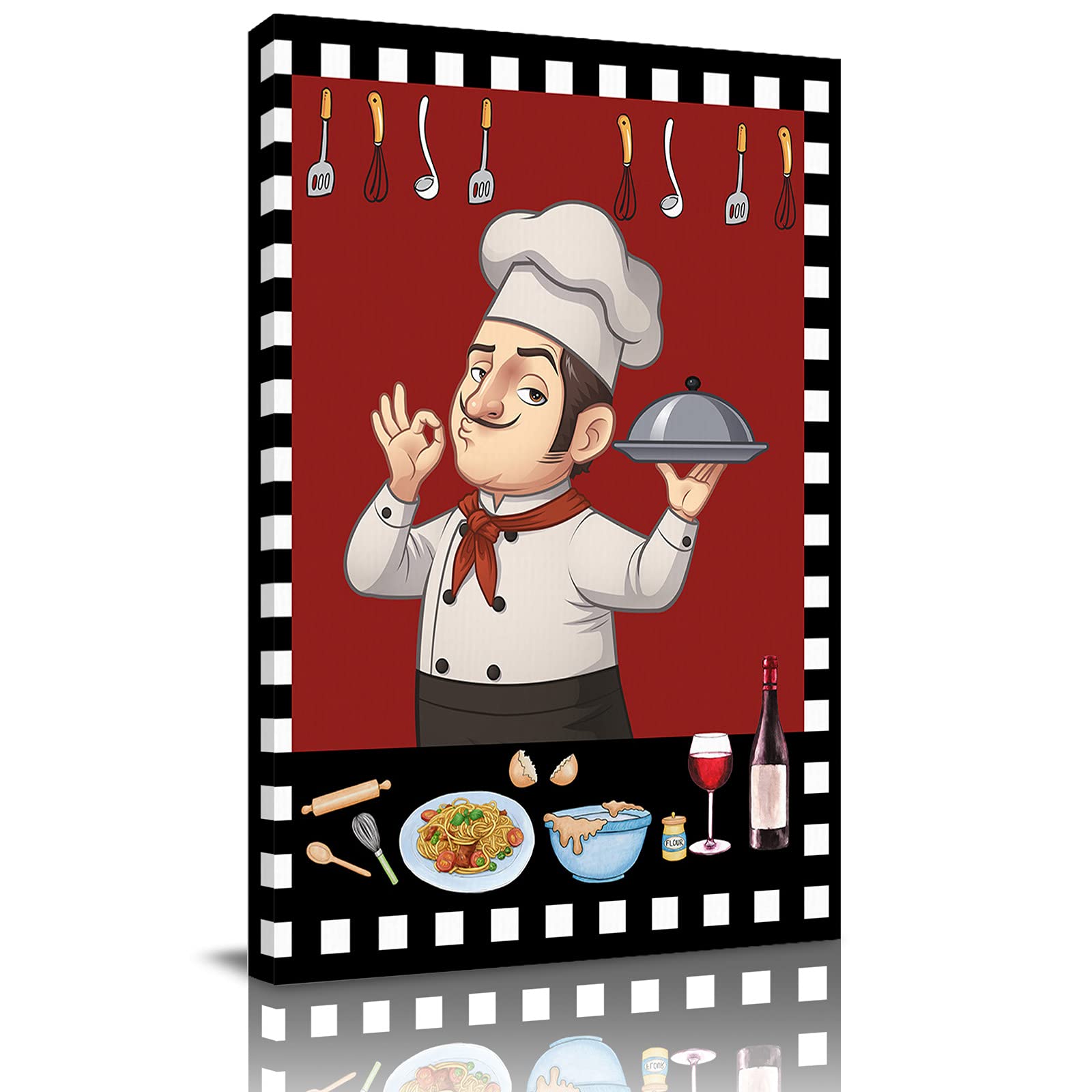 Chef Oil Painting Wall Art - Black Buffalo Plaid Framed Canvas Print with Fork & Knife Plate - Ready to Hang for Kitchen, Dining Room, Restaurant Decor - Perfect Gift for Food Lovers & Home Decoration