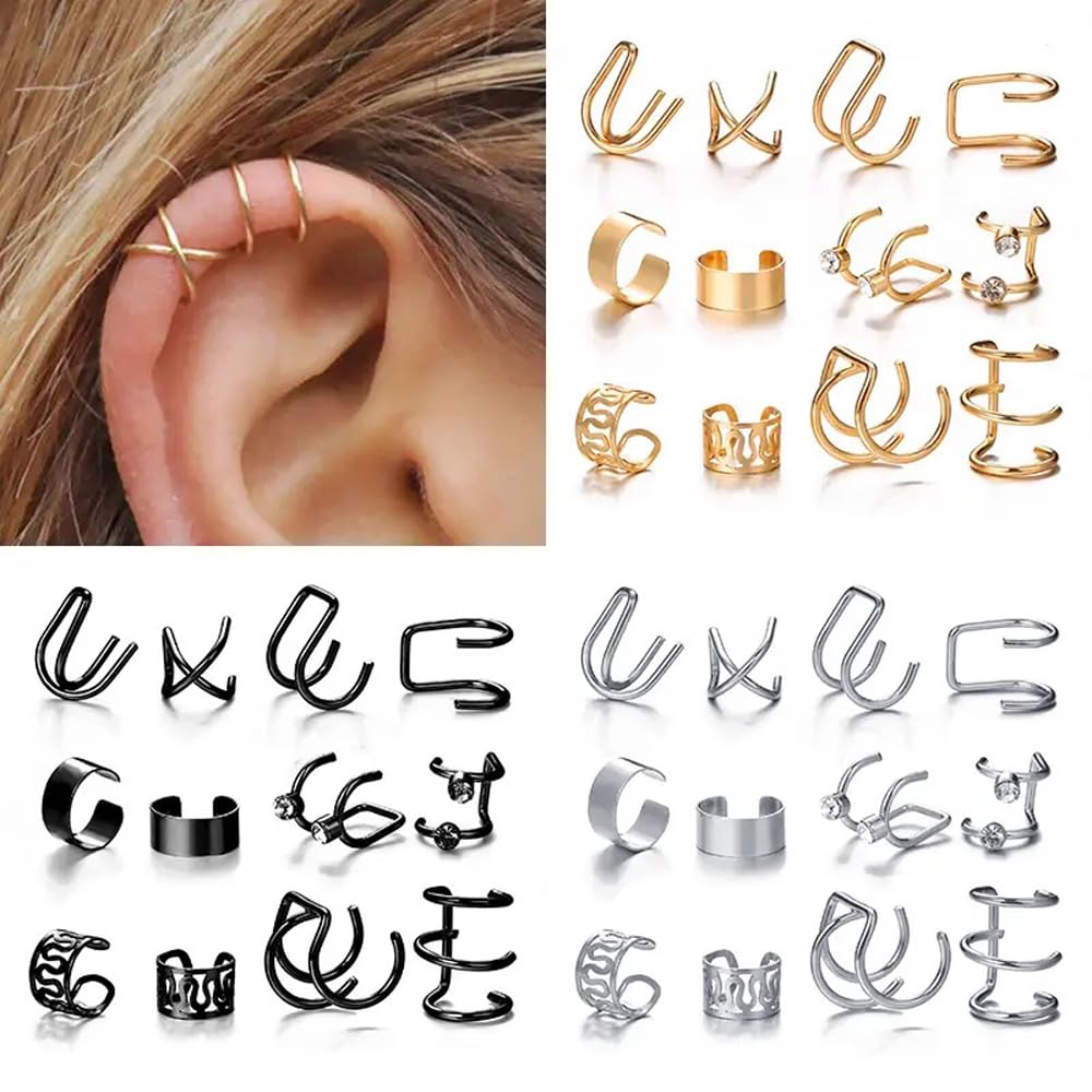 Shining Diva 36-Piece Clip-On Ear Cuff Set - Fashion Punk Earrings for Women & Men (Gold/Silver/Black) - Non-Piercing Cartilage Earrings for Parties, Concerts & Everyday Wear