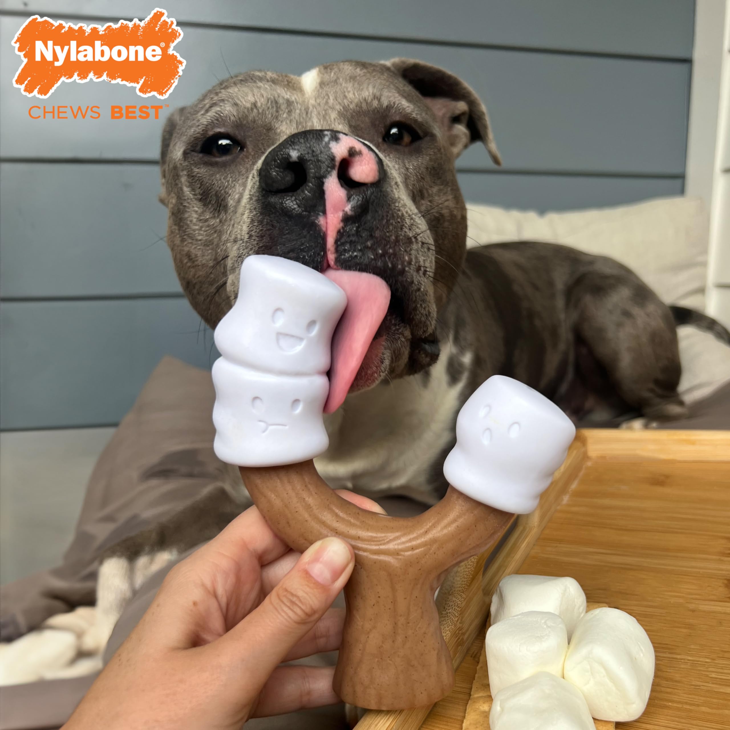 Nylabone Marshmallow Stick Durable Dog Chew Toy for Moderate & Aggressive Chewers - Peanut Butter & Marshmallow Flavored Large Dog Bone (Up to 50 lbs) - Perfect for Teething, Boredom Relief, and Dental Health