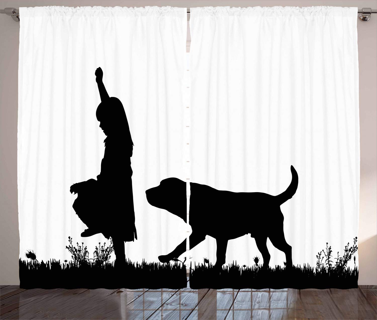 Ambesonne Labrador Dog Curtains - Black and White Silhouette of Girl Walking Dog in Park, Pet Care Love Theme - 108