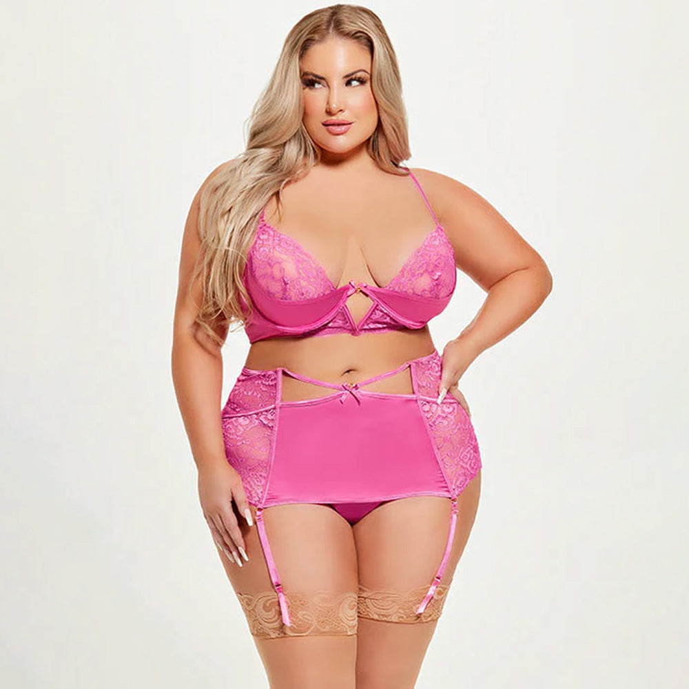 House of Desire Natasha Lace & Satin Bra Set with Garter Skirt & Thong - Plus Size Lingerie for Women | Perfect for Valentine's Day, Bridal Shower & Romantic Nights