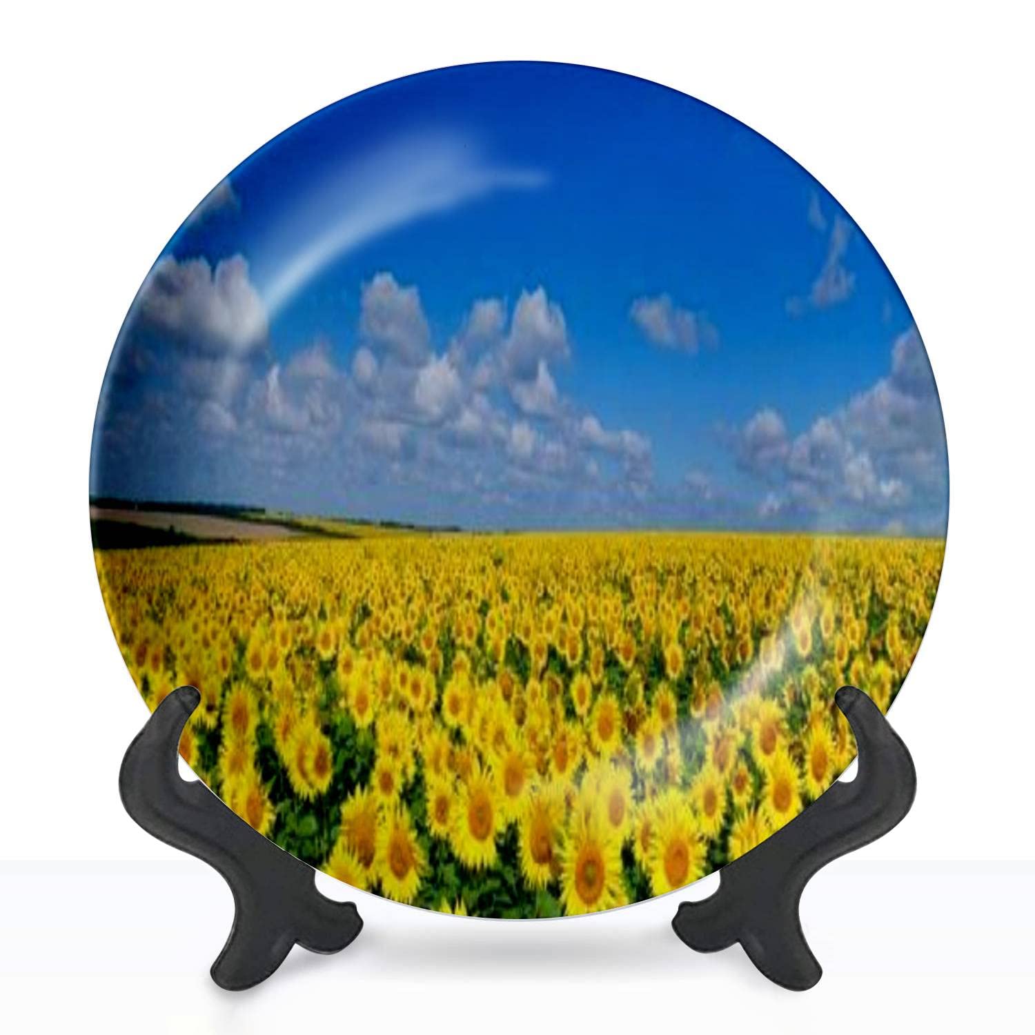 XQSSAHRRNIEV Ceramic Hanging Decorative Plate - Hand-Painted Sunflower Field with Blue Sky Design, Wall Art for Home & Office Decor, Perfect for Dining Rooms, Parties, Weddings & Collectors - Ideal for Farmhouse, Boho & Rustic Interior Design