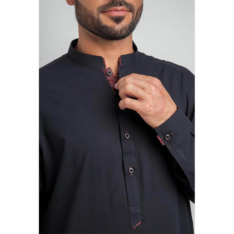 Elegant Black Shalwar Kameez with Maroon Brocade Embroidery - Traditional Pakistani Outfit for Weddings, Festivals & Special Occasions