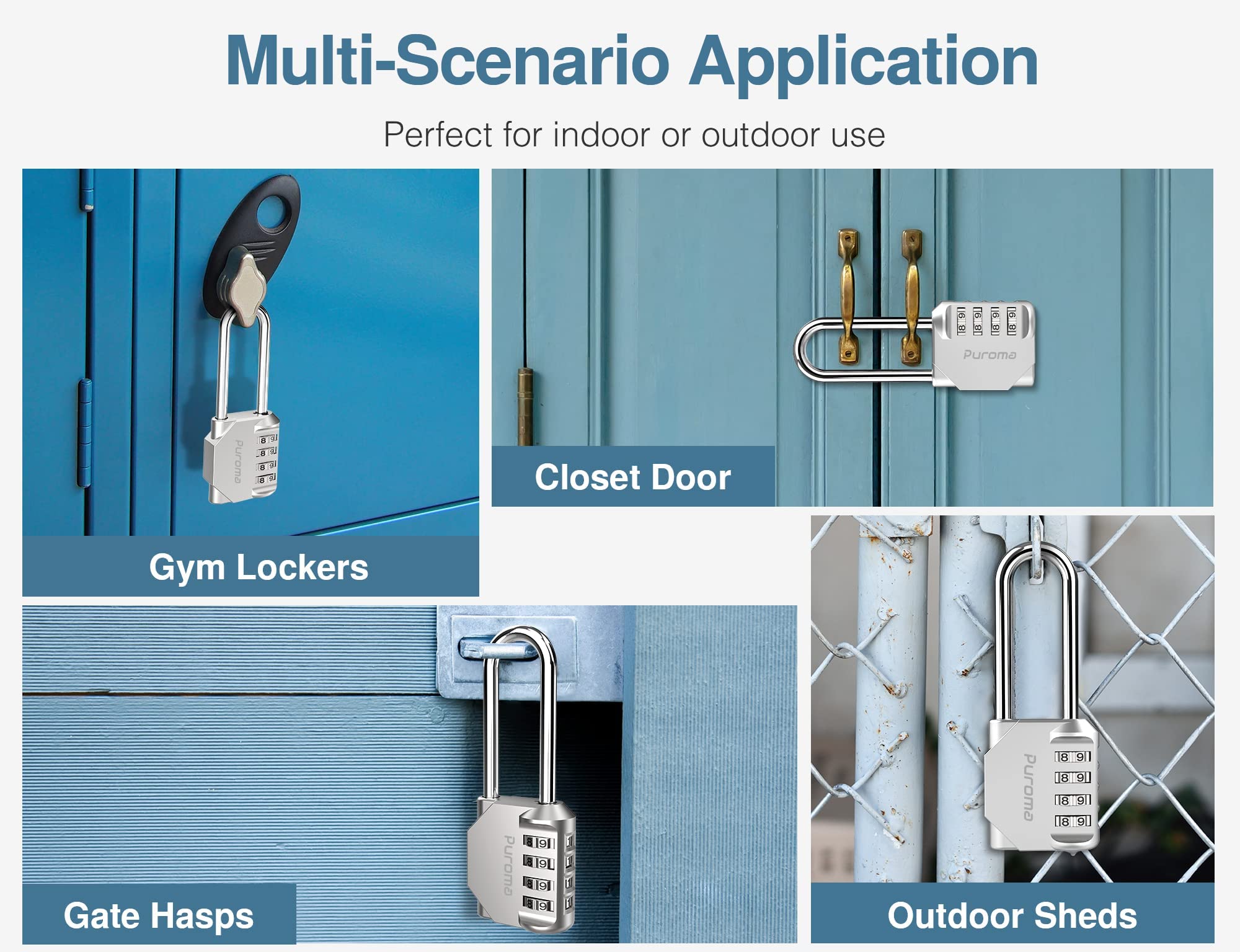 Puroma 2 Pack 2.6 Inch Heavy Duty Combination Padlock - 4 Digit Outdoor Waterproof Lock for Gym Lockers, School Lockers, Toolboxes, Gates & Fences - Secure Storage for Sports Equipment, Backpacks & Cases (Silver)