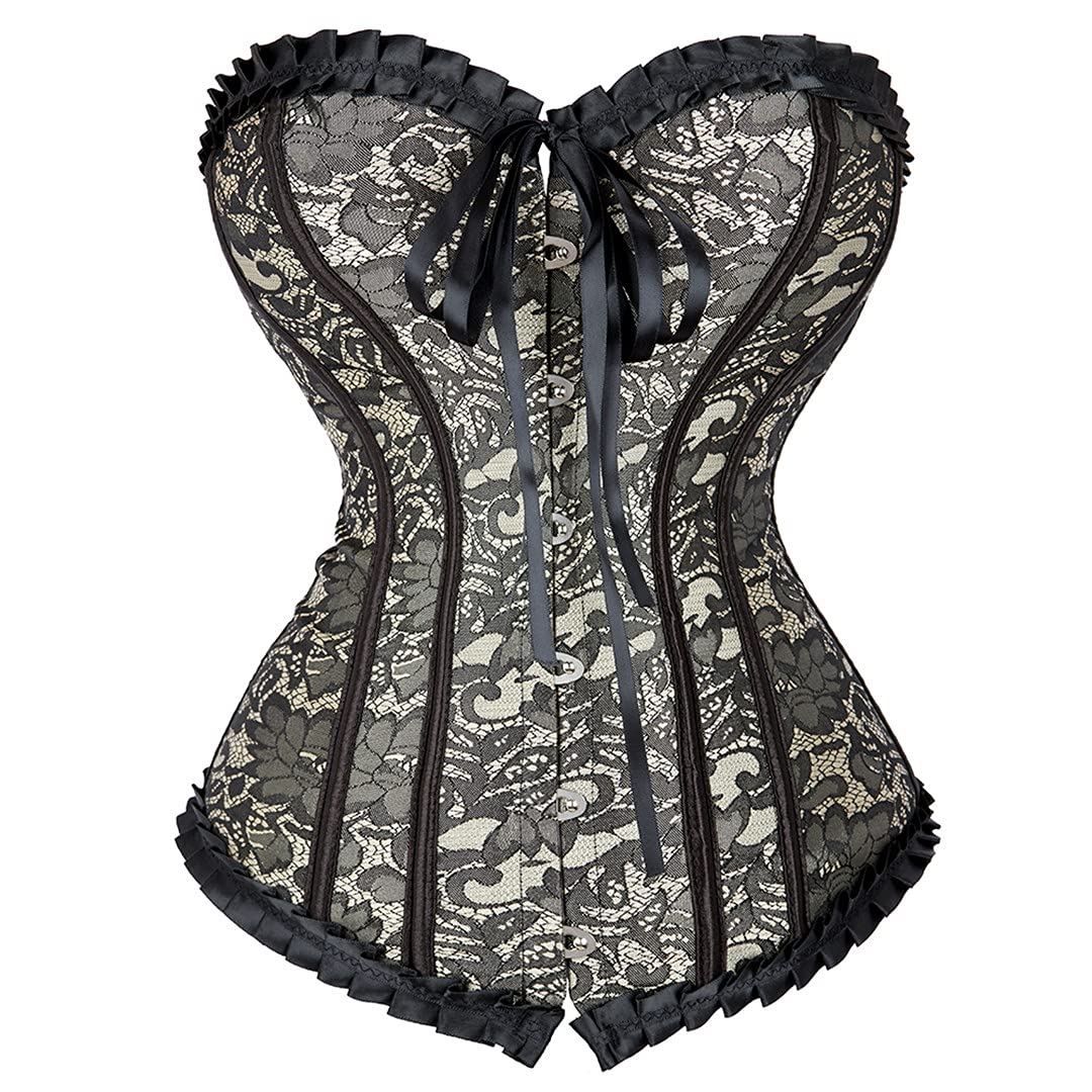 Plus Size Gothic Corset for Women - Lace Trim Waist Cincher Overbust Bustier | Burlesque Lingerie & Costume for Halloween, Cosplay & Boudoir Photography