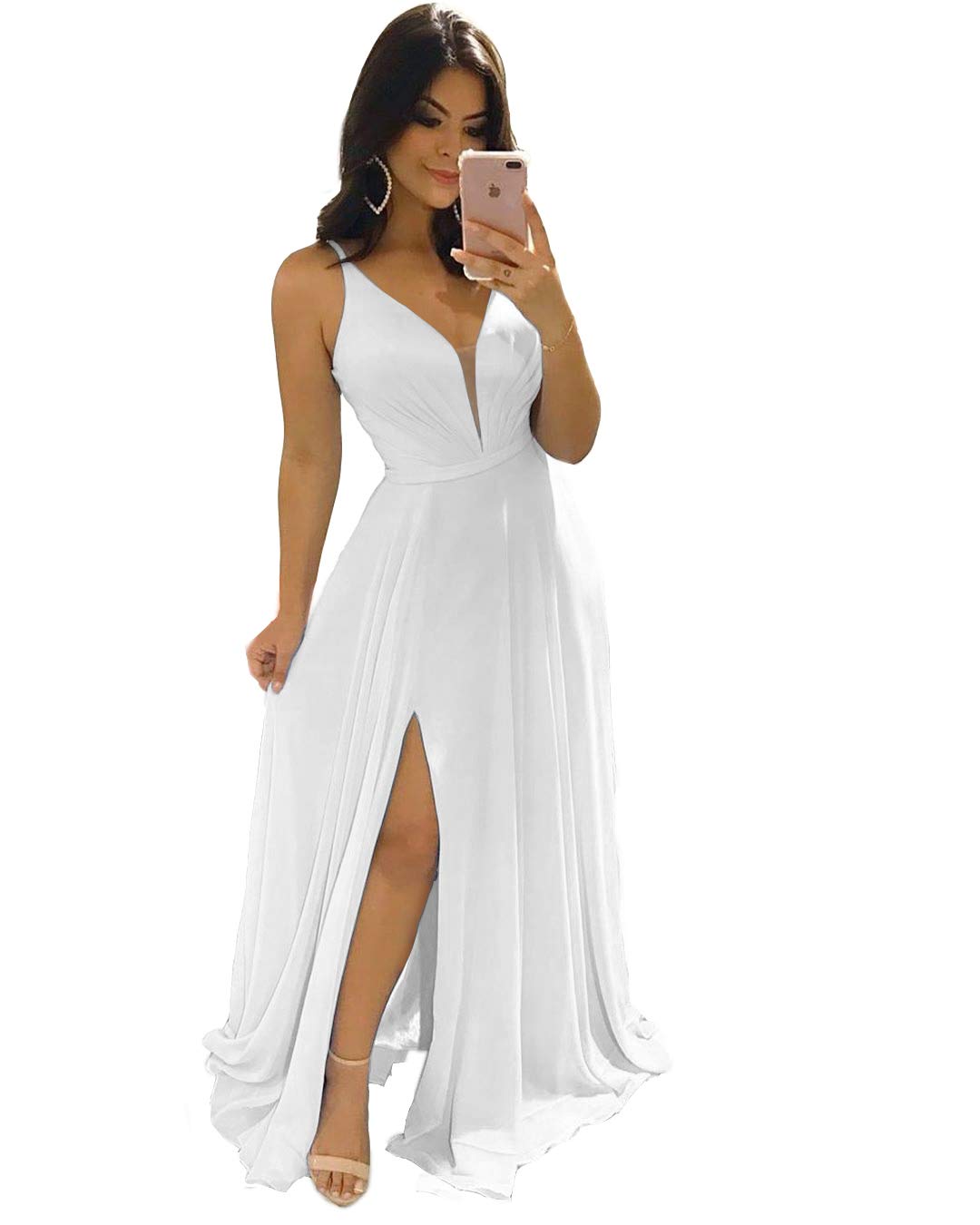 Clothfun Women's V-Neck Long A-Line Formal Bridesmaid Dress with Slit - Elegant Wedding Party Guest Dress for Special Occasions (Style CF078)