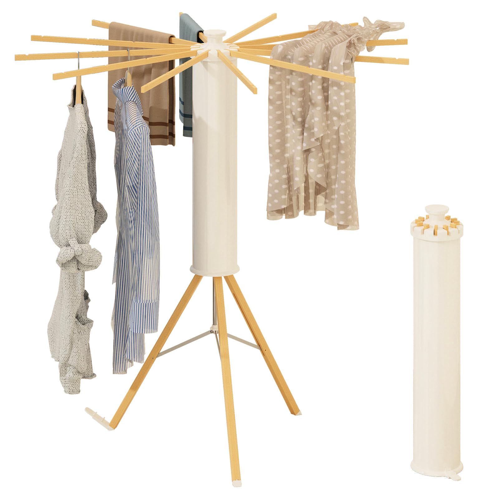 Portable Foldable Tripod Drying Rack with 12 Wooden Arms - Collapsible Standing Laundry Hanger for Clothes, Towels & Delicates | Perfect for Laundry Room, Balcony, Bedroom, RV & Travel Use