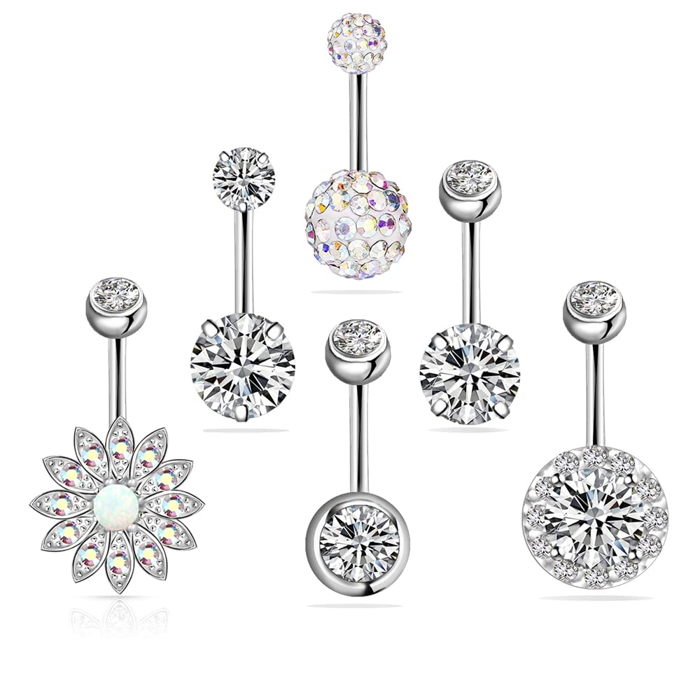 6PCS Stainless Steel Belly Button Rings for Women - Silver & Rose Gold Dangle Navel Piercing Barbell Body Jewelry | Perfect for Parties, Beach Outfits, and Everyday Wear