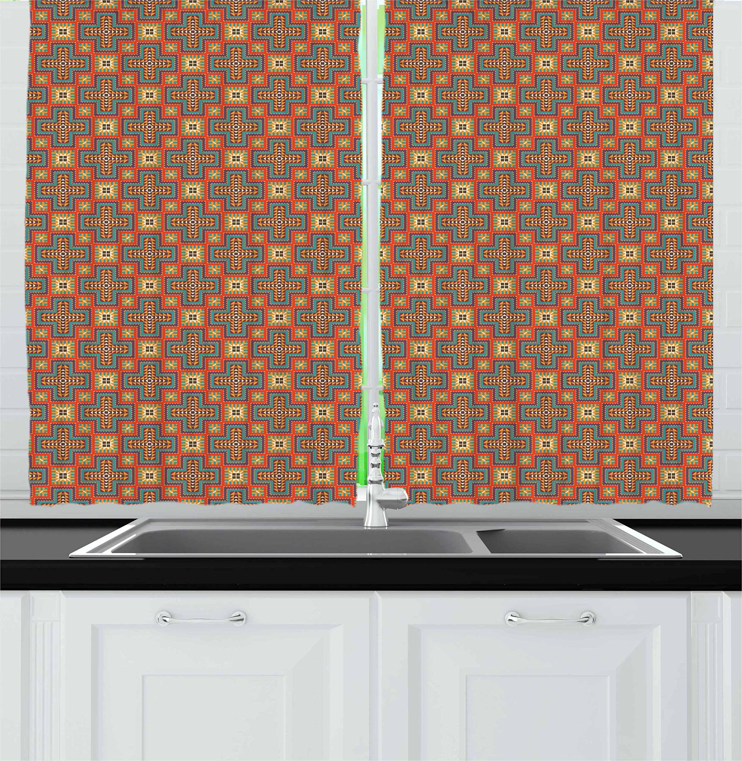 Ambesonne Southwestern Kitchen Curtains - Vibrant Mayan Art Print with Geometric Patterns, 2-Panel Window Drapes for Kitchen & Cafe Decor, 55
