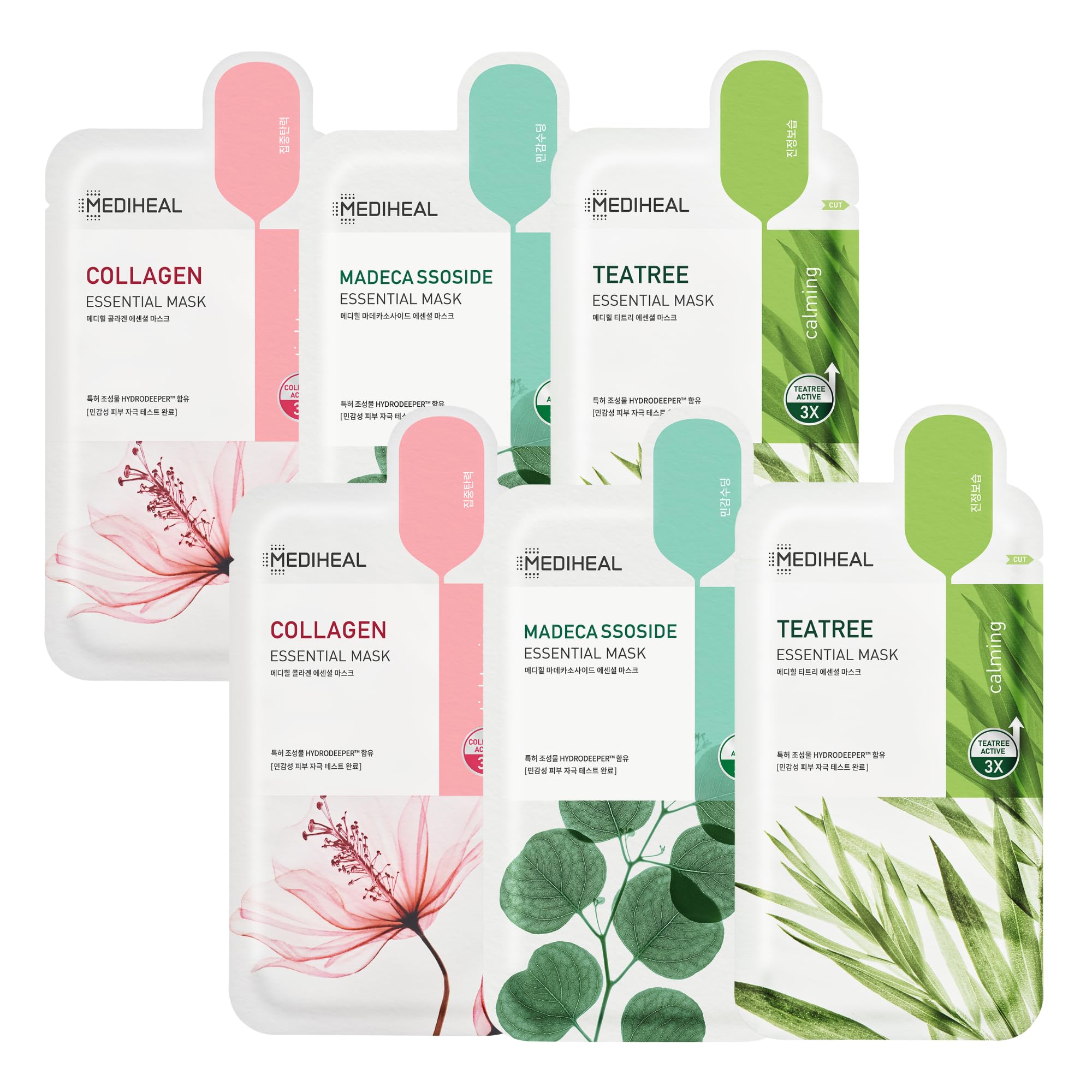 Mediheal Essential HERO Sheet Mask 6-Pack (Collagen, Tea Tree, Madecassoside) | Korean Facial Skincare Mask Set for Moisturizing, Soothing & Blemish Care | Perfect for Daily Hydration & Acne Treatment