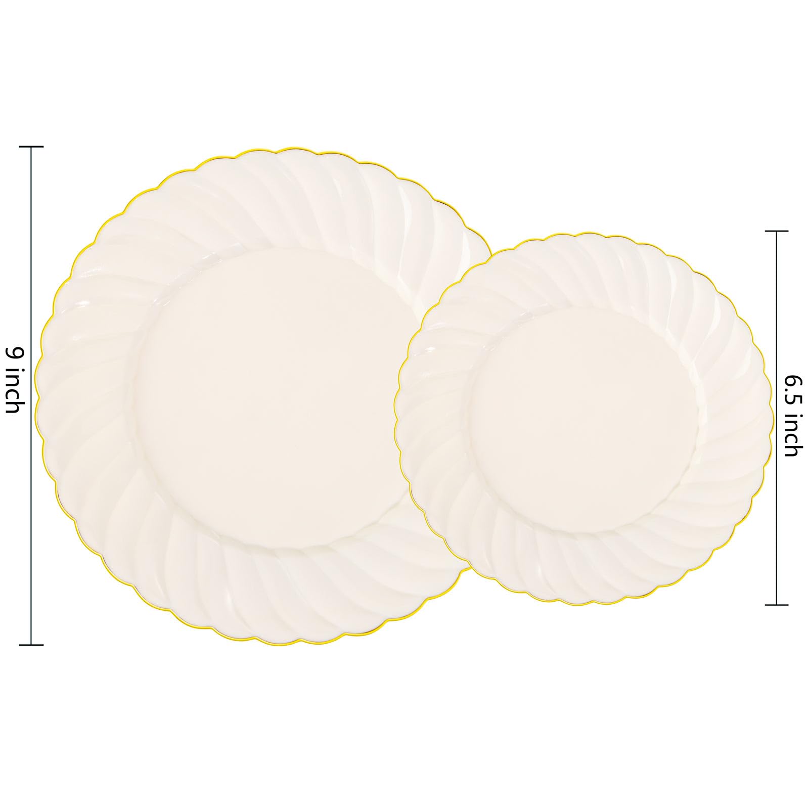 Premium 100-Piece Ivory Scalloped Plastic Plates Set with Gold Rim - Elegant Disposable Dinnerware for Parties, Weddings & Events - Includes 50x 9