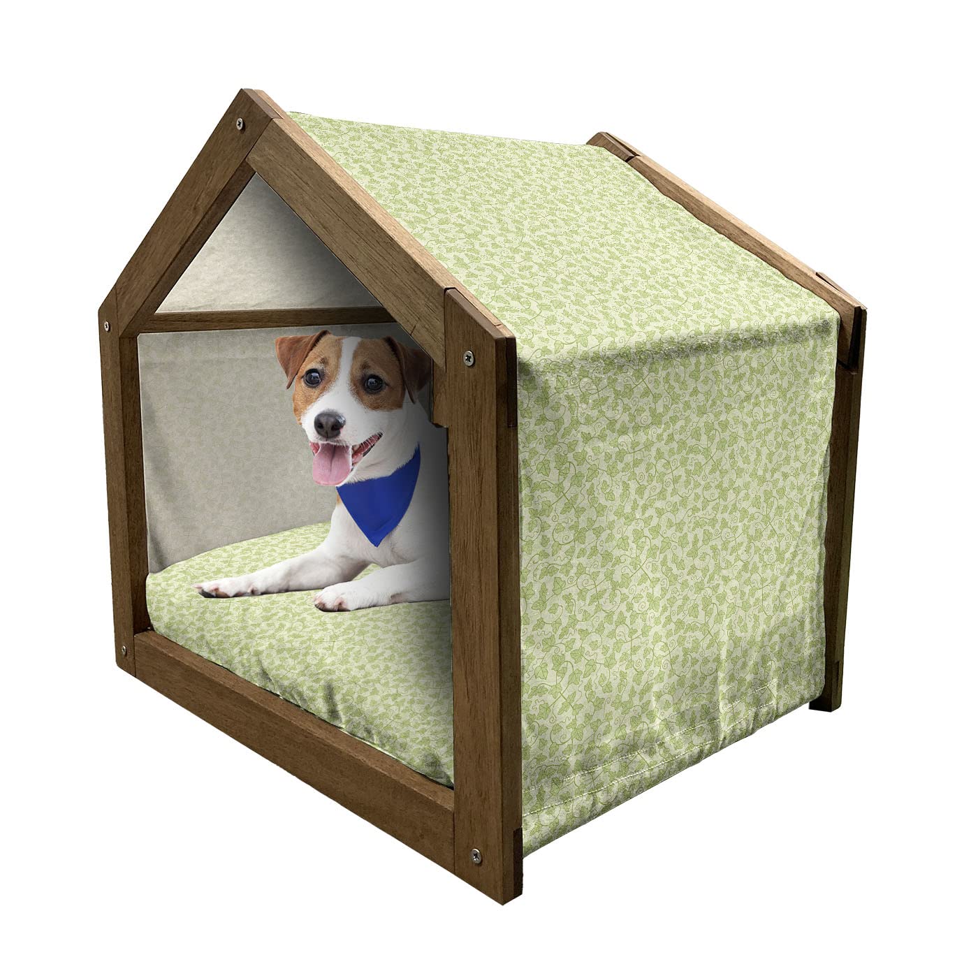 Ambesonne Wooden Dog House with Hand-Painted Ivy Design - Portable Indoor & Outdoor Pet Kennel for Large Dogs, Includes Cushion & Cover - Perfect for Home, Garden, and Backyard Use