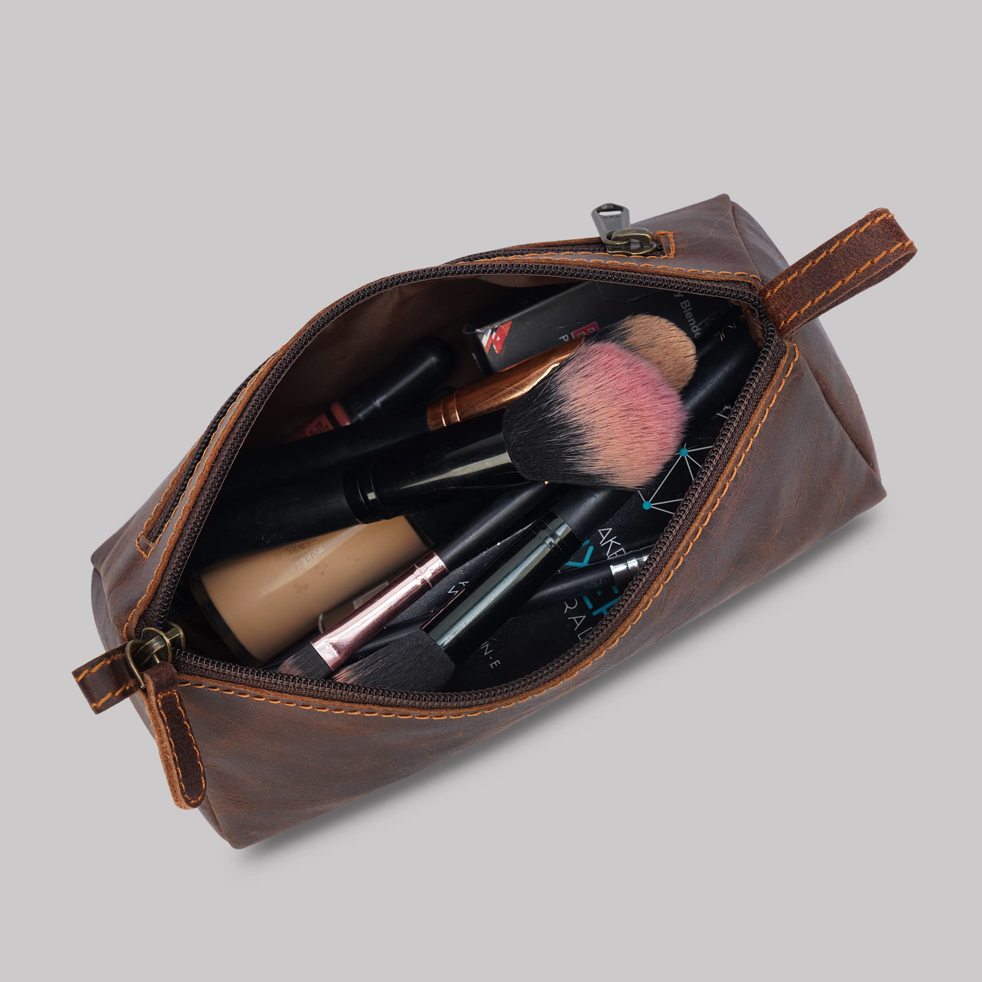 Genuine Leather Cosmetic Bag for Women - Handmade Brown Leather Makeup Pouch with Zipper, Travel Toiletry Case & Purse Organizer | Perfect for Travel, Daily Use & Gift Giving