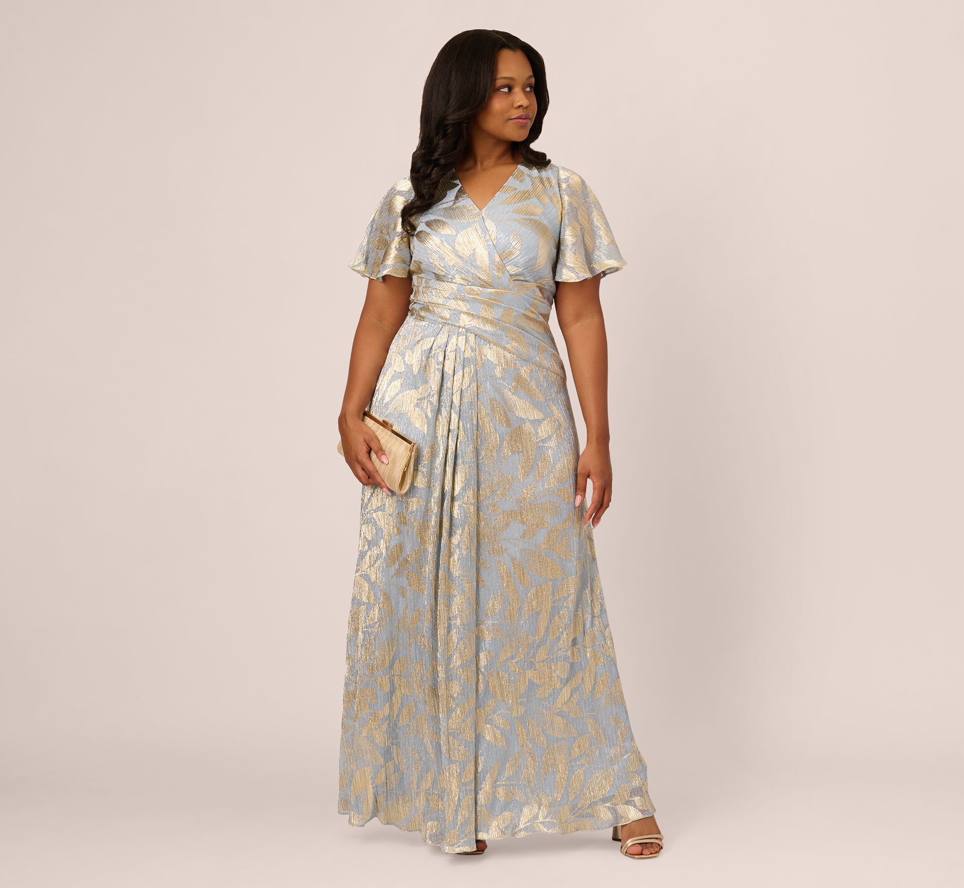 Elegant Plus Size Light Blue Gold Foil Leaf Short Sleeve Gown with Draped Details - Perfect for Weddings, Parties & Special Occasions
