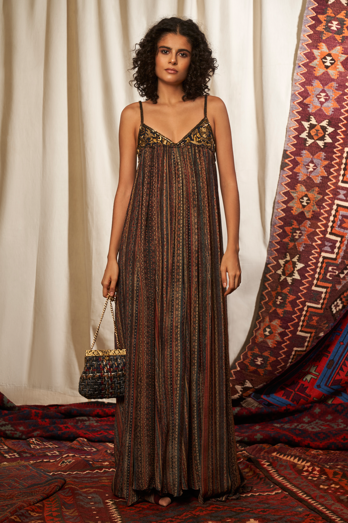 Elegant Stripes Print Maxi Dress with Baroque Embroidery - Perfect for Summer Beach Vacations, Weddings & Boho Chic Outfits