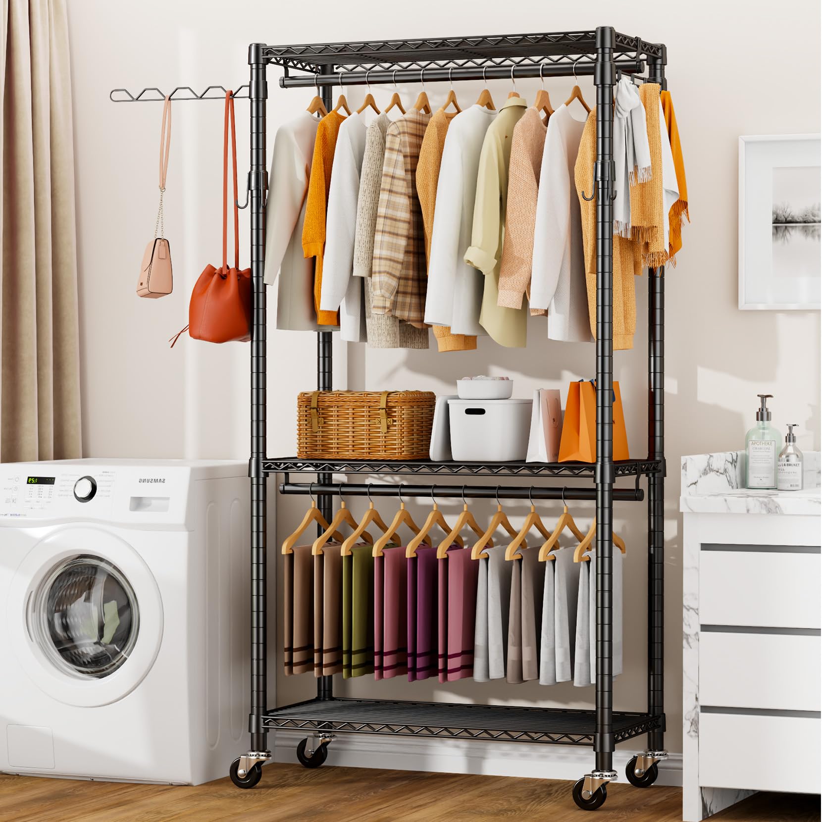 Heavy Duty Rolling Garment Rack with Shelves - 420 lbs Capacity Freestanding Clothes Hanger Organizer, Metal Wardrobe Closet Storage with Wheels (Black) - Perfect for Retail Stores, Boutiques & Home Closet Organization