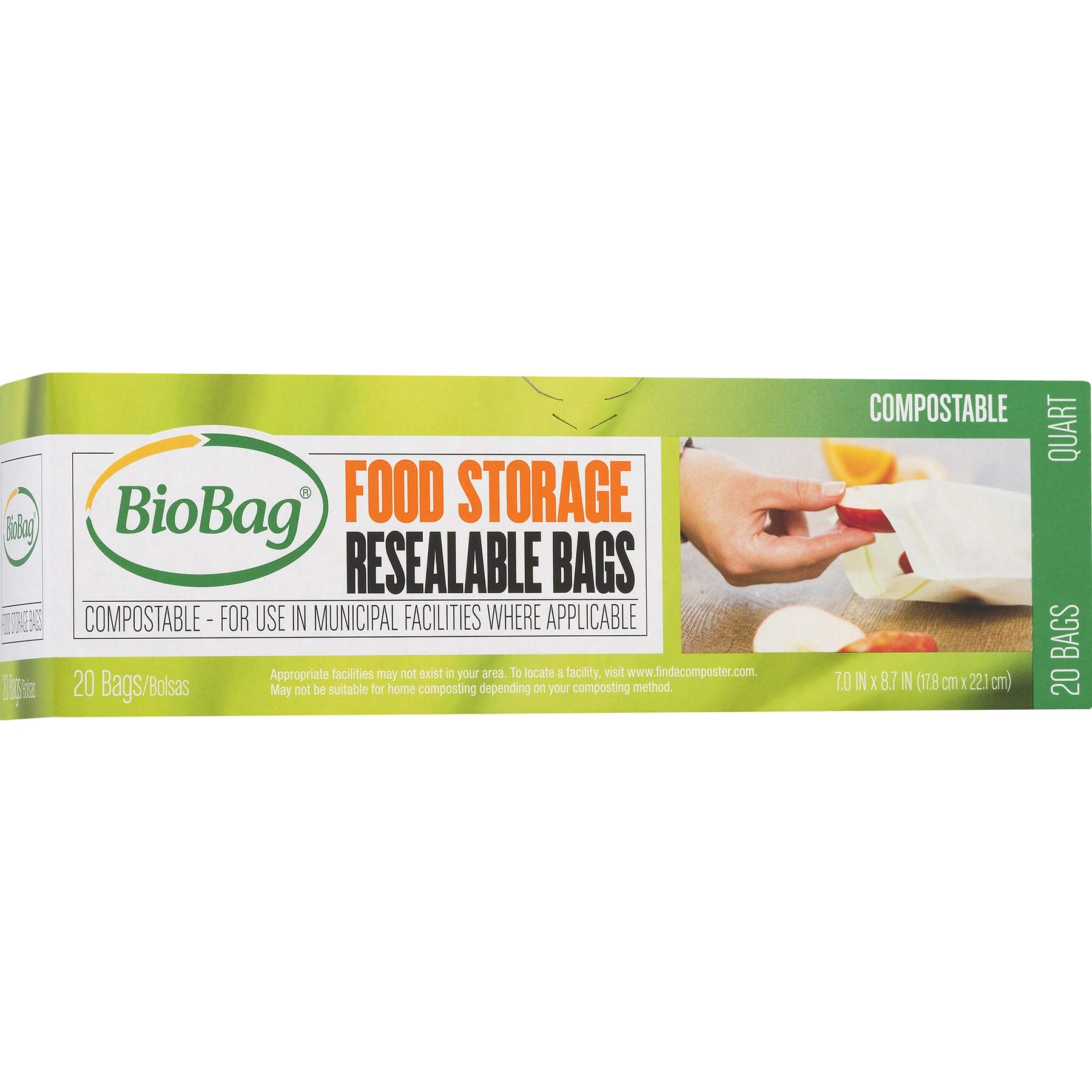 BioBag 100% Certified Compostable Resealable Food Storage Bags - 20 Count, Quart Size - Eco-Friendly Freezer & Refrigerator Storage - Perfect for Meal Prep, Leftovers & Snacks