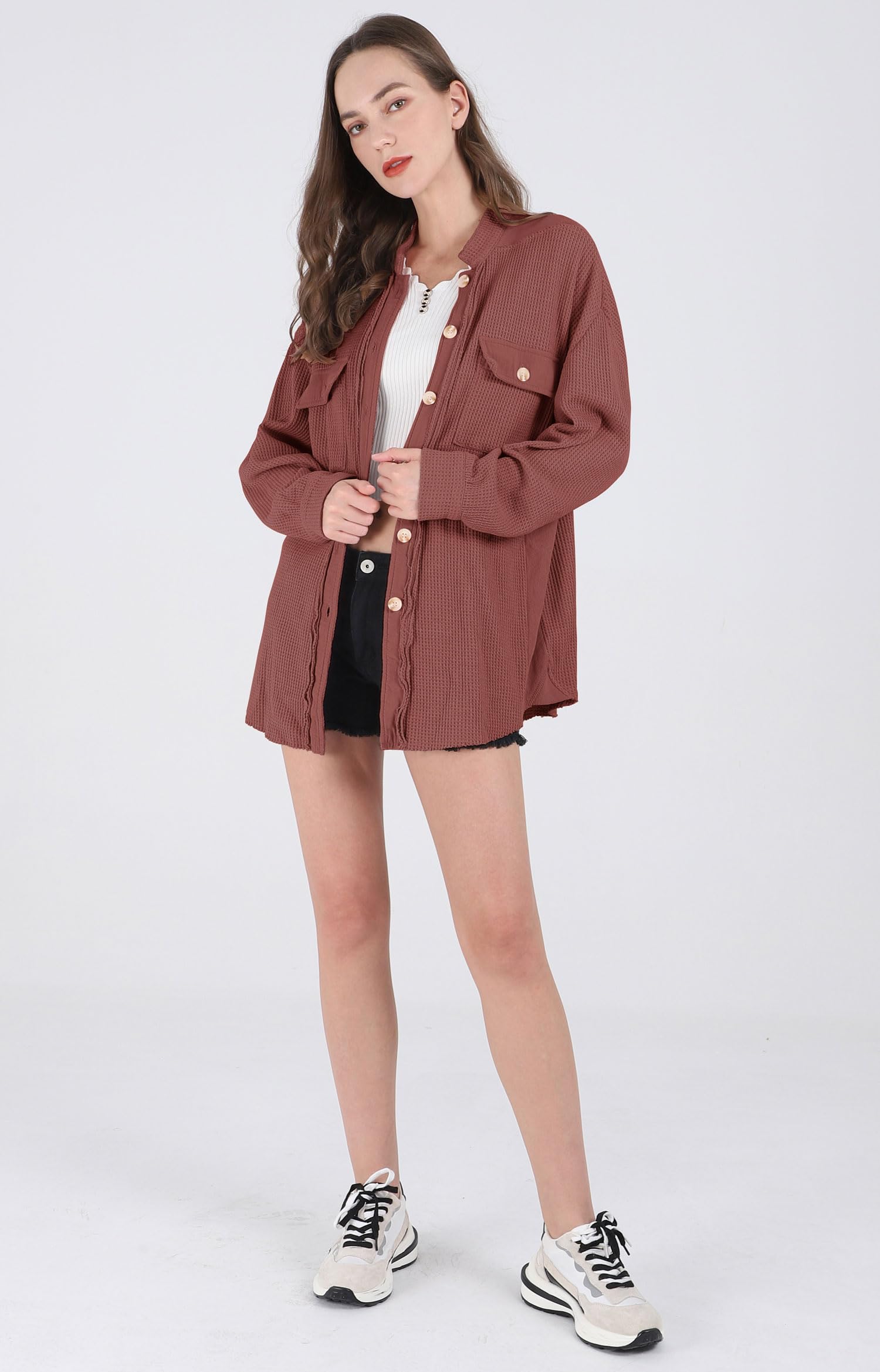 Women's Loose Fit Batwing Sleeve Waffle Knit Button Down Shirt Shacket - Casual Long Sleeve Tops for Fall & Winter, Perfect for Layering, Office Wear and Weekend Outfits