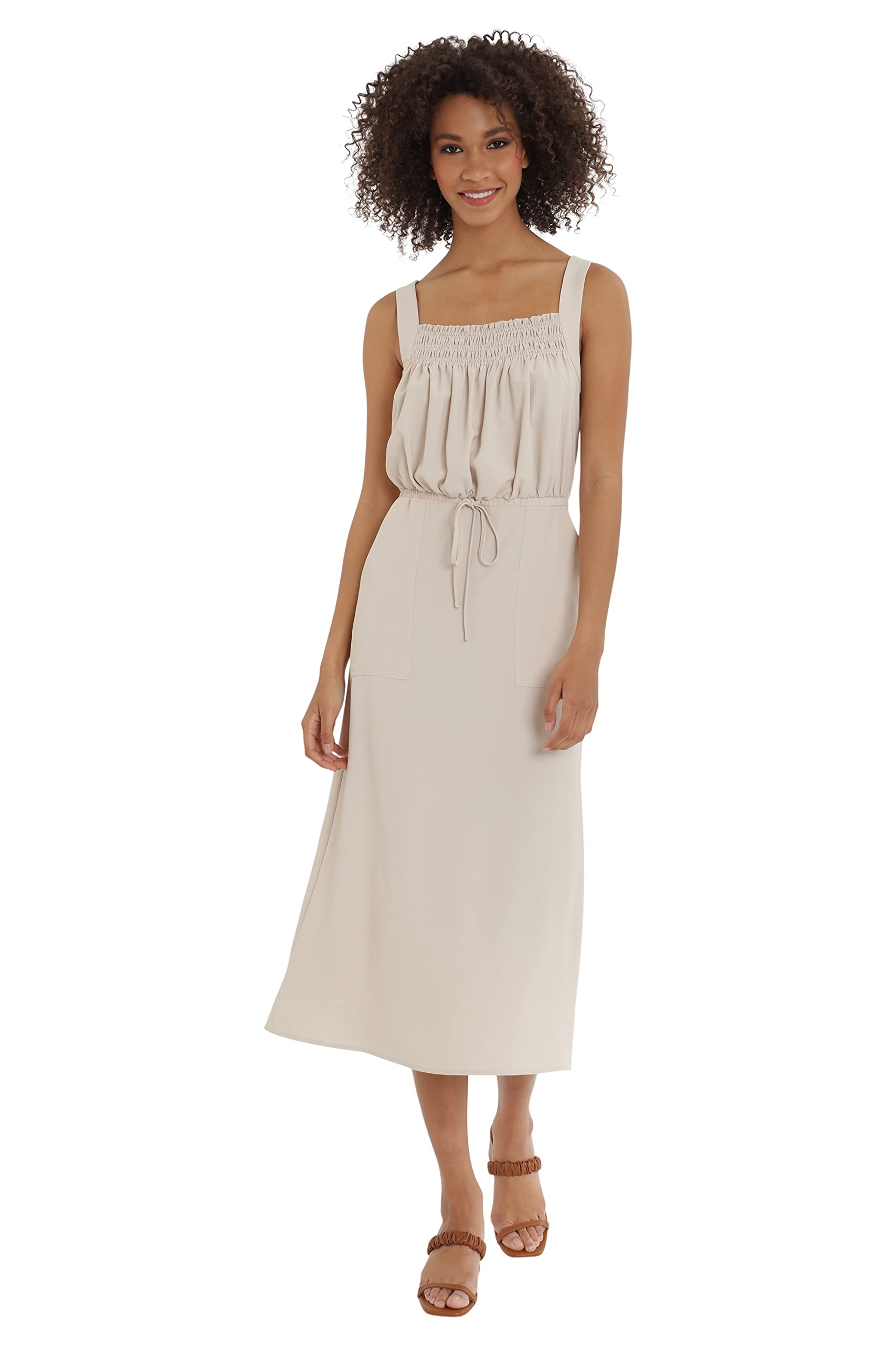 Maggy London Women's Smocked Neck Waist Tie Midi Dress - Flowy Summer Dress for Casual Outings, Weddings & Beach Vacations