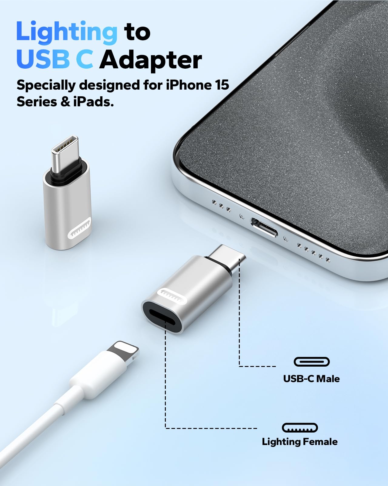 MoKo 2-Pack Lightning to USB C Adapter - Female to Male Connector for iPhone 15/16 Pro/Pro Max/Plus, Galaxy S24, iPad Pro/Air - Fast Charging & Data Transfer (Not for Audio/OTG) - Silver PD - Perfect for Travel, Office & Home Charging Solutions