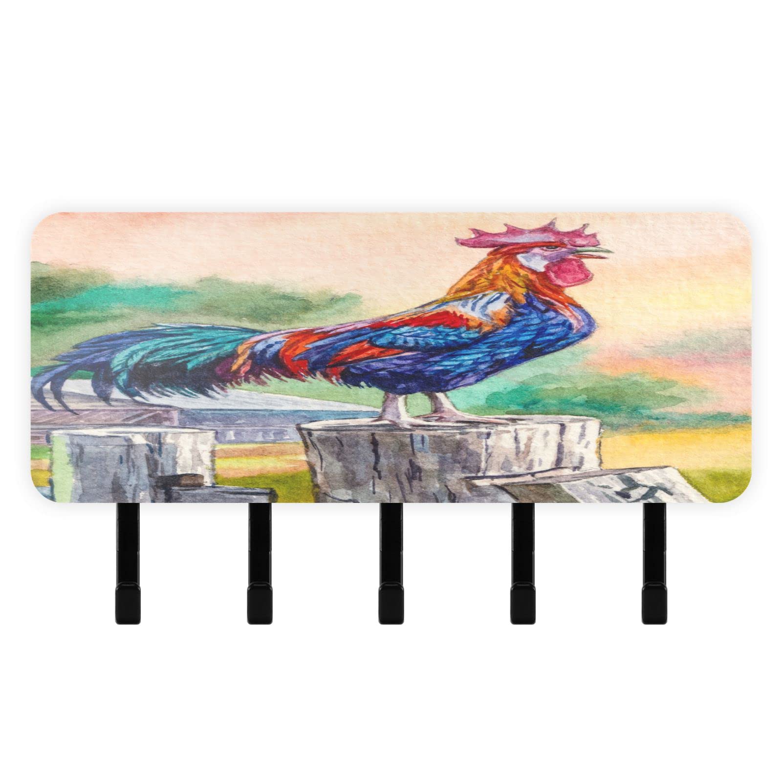 Farmhouse Wall Key Holder with 5 Hooks - Decorative Rooster Painting Mail Organizer for Entryway, Mudroom, Kitchen & Office - Rustic Home Decor for Keys, Letters & Small Items