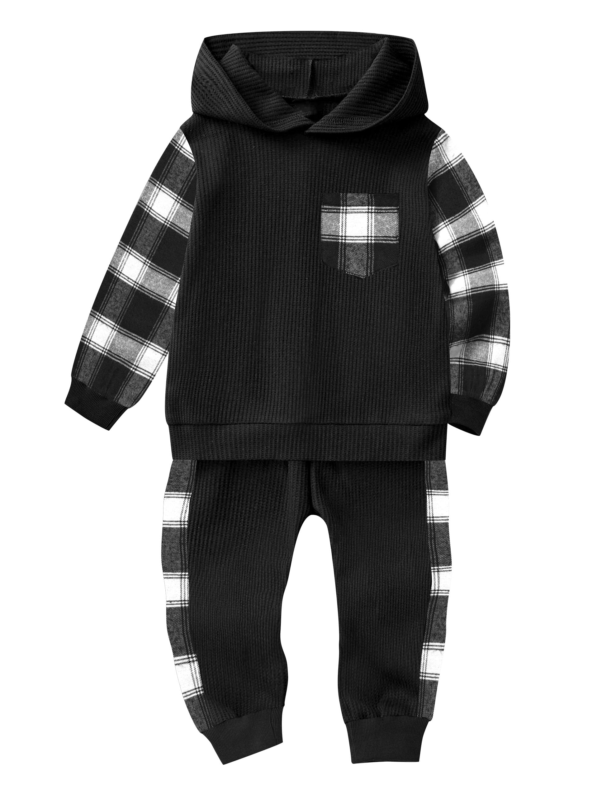 Boys' Waffle Plaid Hoodie & Patchwork Casual Pants 2-Piece Set - Warm Fall Winter Outfits with Pockets for Toddlers | Playdates, Preschool & Outdoor Activities