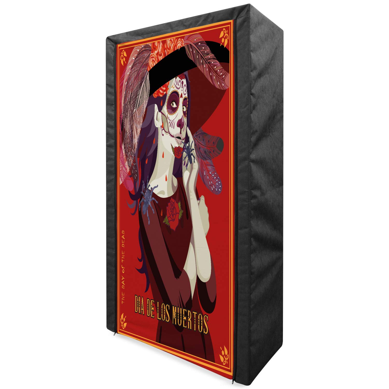 Ambesonne Day of The Dead Portable Fabric Wardrobe - Skull Print Clothing Organizer with Shelves, 33.5 Inch Storage Closet in Maroon Ruby & Burgundy - Perfect for Halloween Decor, Cosplay Costume Storage & Bedroom Organization