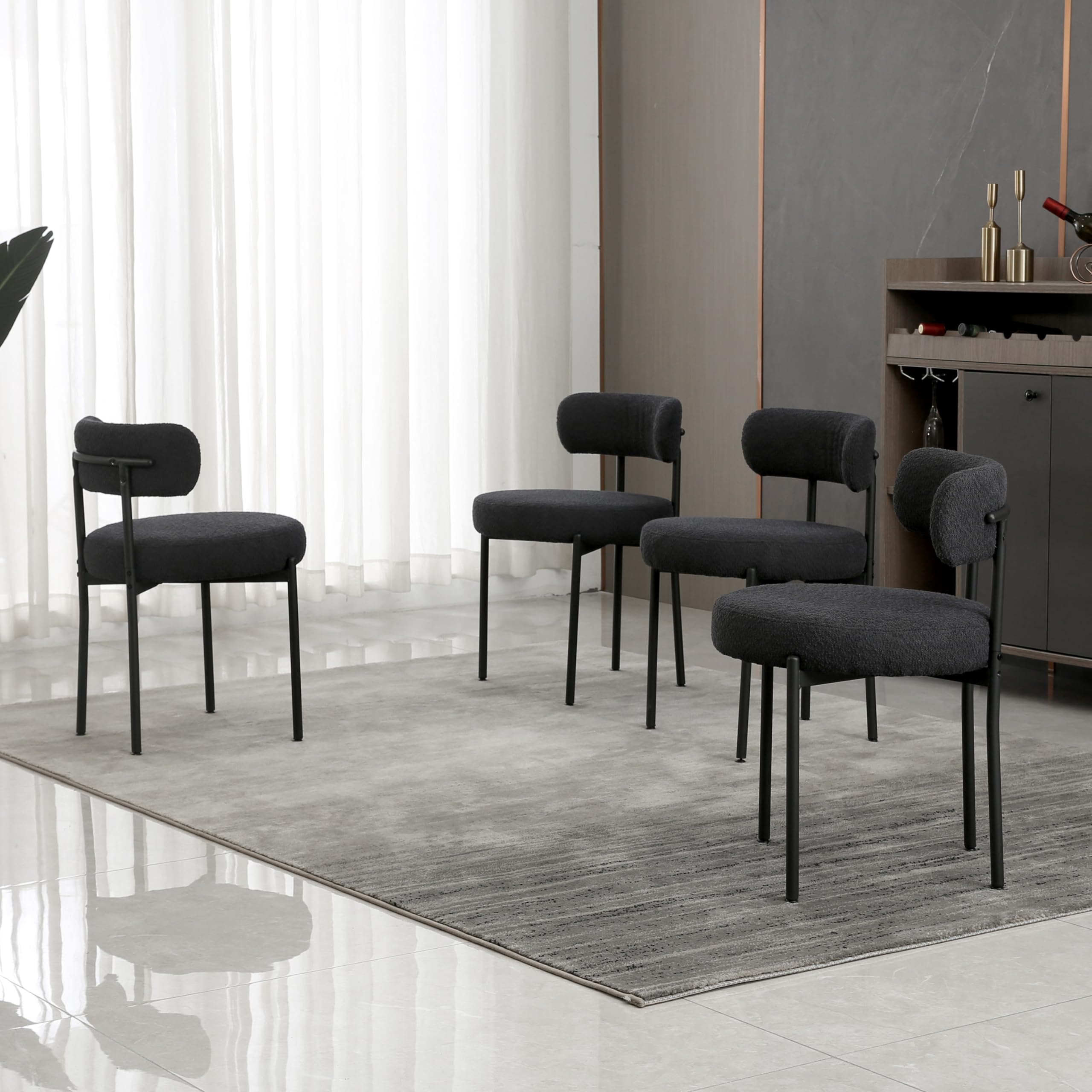 Black Boucle Dining Chairs Set of 4 - Round Upholstered Mid-Century Modern Kitchen Chairs with Curved Backrest & Metal Legs - Perfect for Dining Room, Kitchen Island, Breakfast Nook & Small Space Decor