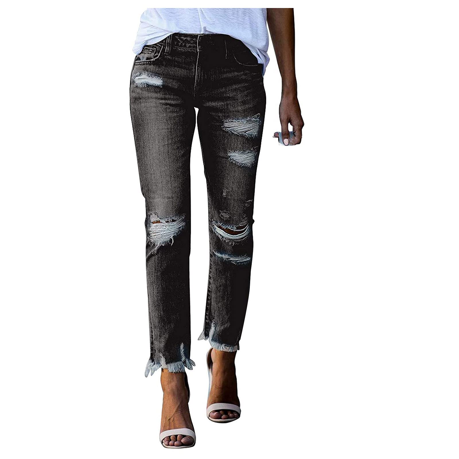 Distressed Skinny Jeans for Women - Ripped Stretch Jeggings with Raw Hem Denim Pants | Comfortable & Trendy for Casual Outings, Date Nights & Street Style Fashion