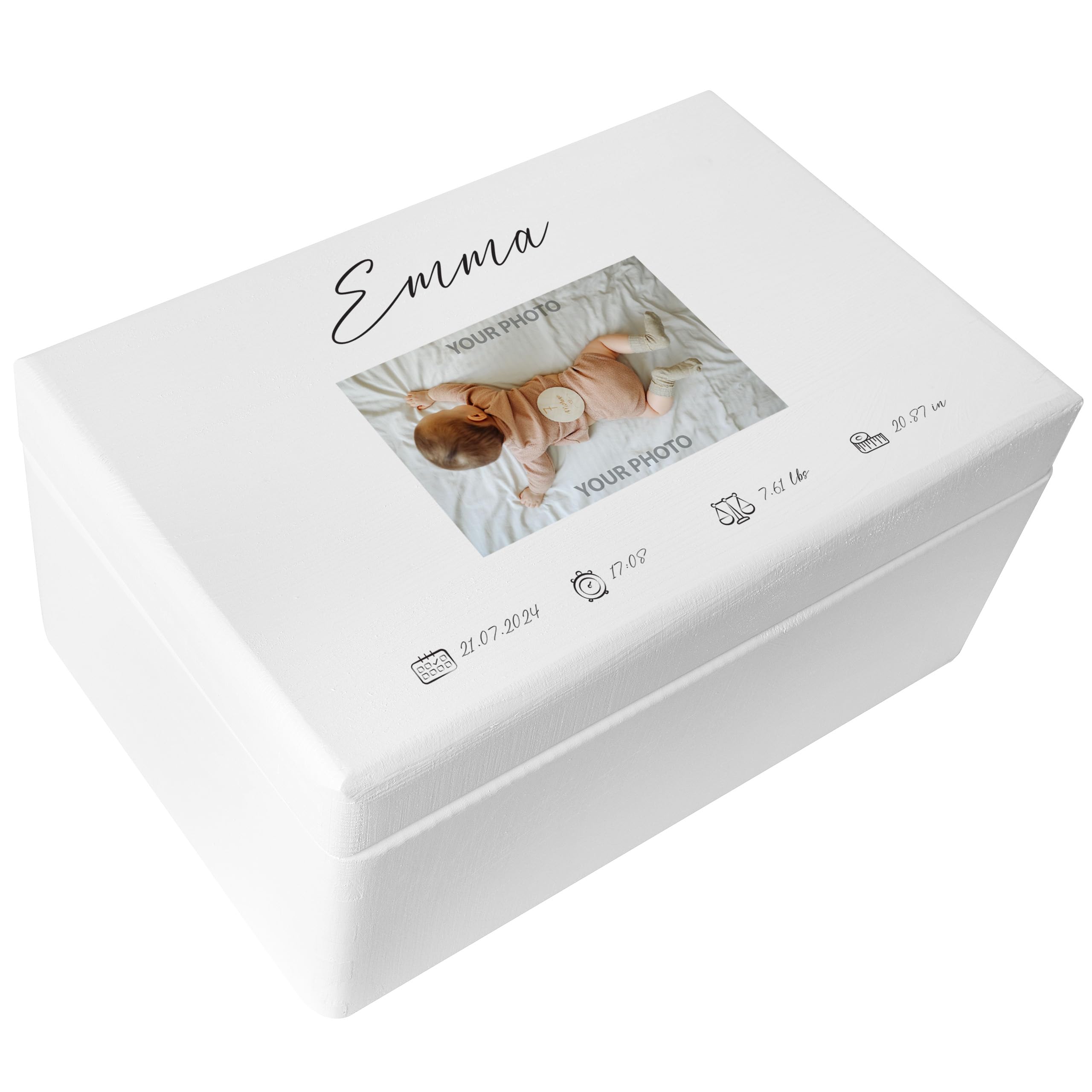 Personalized White Wooden Baby Memory Keepsake Box - 11.8x7.87x5.51 Inches with Engraved Lid - Perfect for Storing Photos, First Locks & Special Mementos - Ideal Gift for Birthdays, Baptisms & Baby Showers - Unsanded Natural Finish Storage Chest for Cherished Memories
