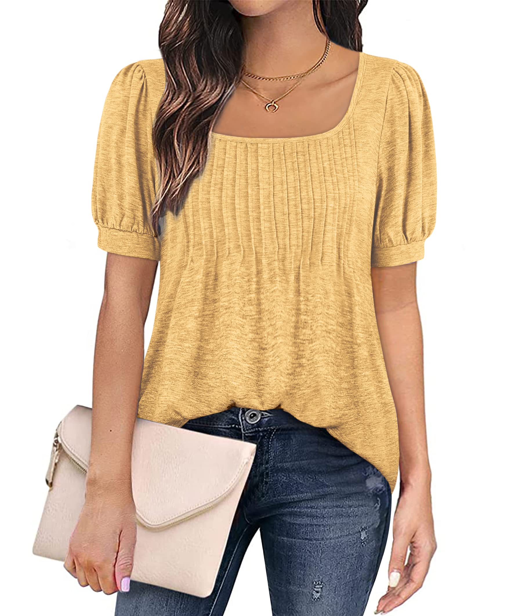 Zwurew Women's Summer Casual Puff Short Sleeve T-Shirt - Square Neck Pleated Flowy Tunic Top for Leggings (Sizes S-2XL) | Trendy Blouse for Outfits, Beach Wear & Daily Fashion
